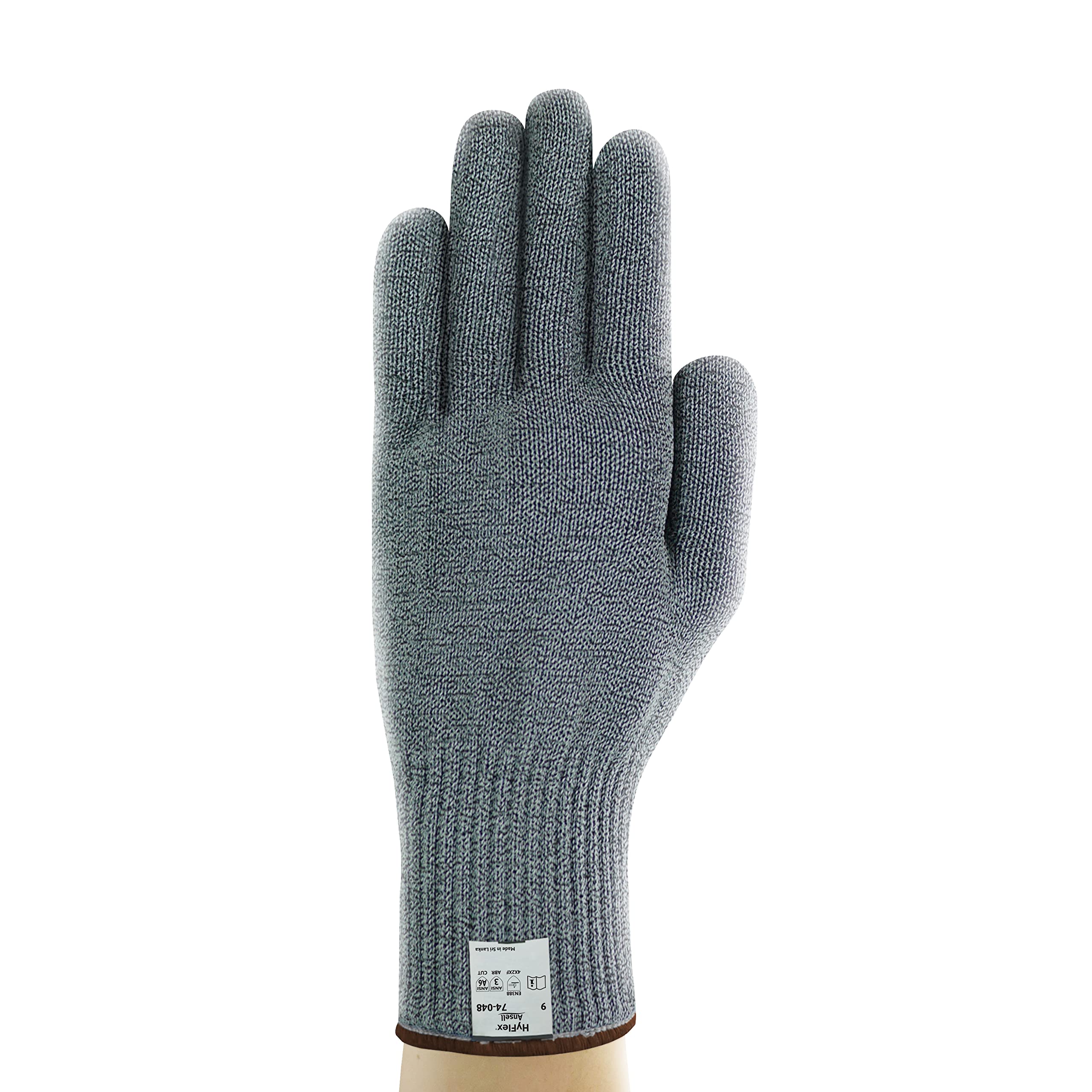 Ansell Hyflex 74-048 Lightweight Cut-Resistant Knitted Industrial Gloves with Extended Cuff - Size Large (9), Grey (12-Pack) - Ideal for Food Processing, Metal Handling & General Industrial Safety Work