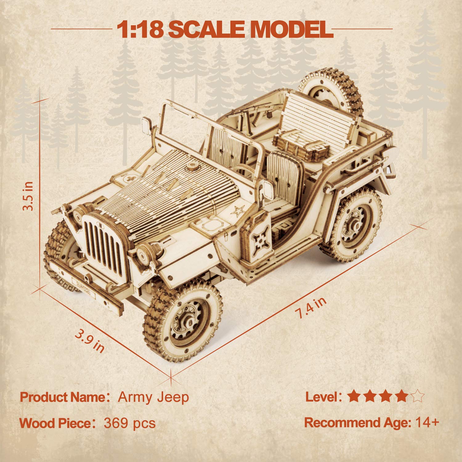 ROKR Wooden 3D Puzzle Model Car Kit - DIY Jeep Wrangler Assembly Kit for Adults & Teens (7.5x4x3.5 Inch) - Educational Brain Teaser, Desk Decor, Perfect for STEM Learning & DIY Hobby Projects