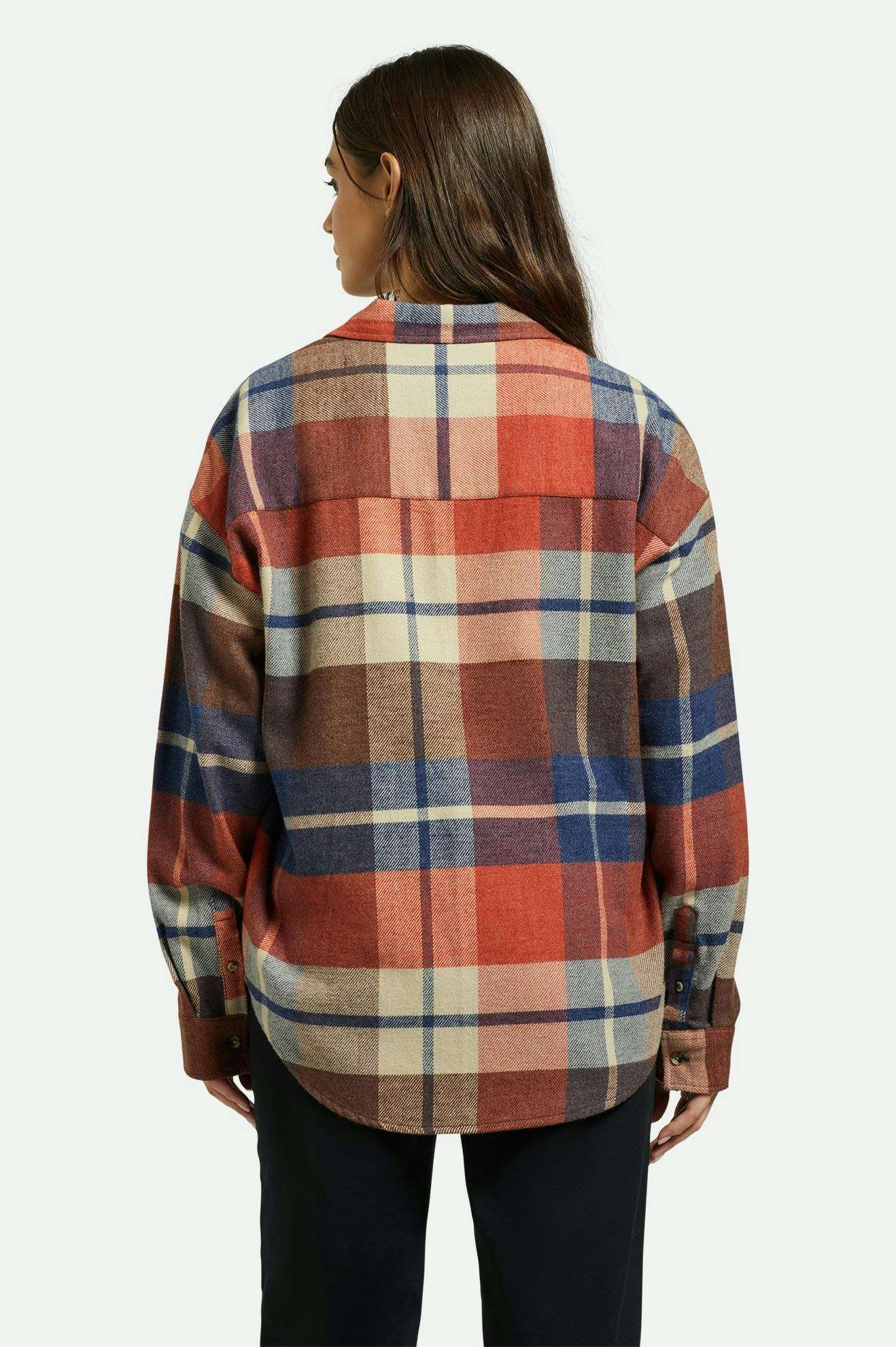 Bowery Women's Classic Long Sleeve Flannel Shirt - Navy/Mars Red/White Plaid - Soft & Warm Casual Shirt for Fall & Winter - Perfect for Outdoor Activities, Layering & Cozy Loungewear