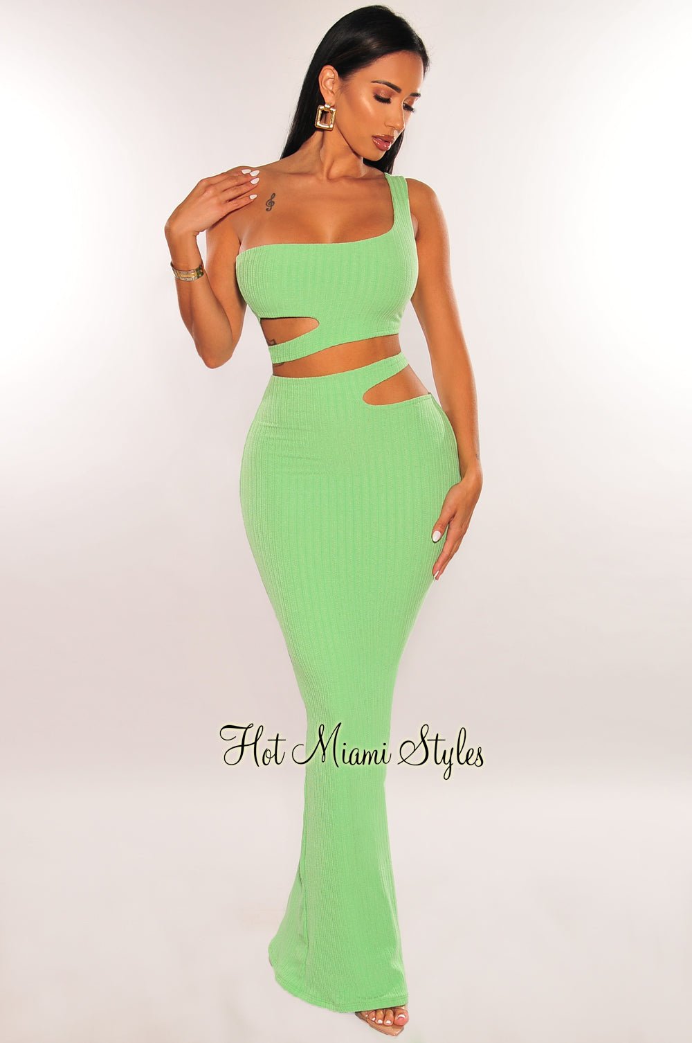 Elegant Green Ribbed One Shoulder Cut Out Maxi Skirt Two Piece Set - Women's Fashion Outfit for Summer Beach, Party & Vacation