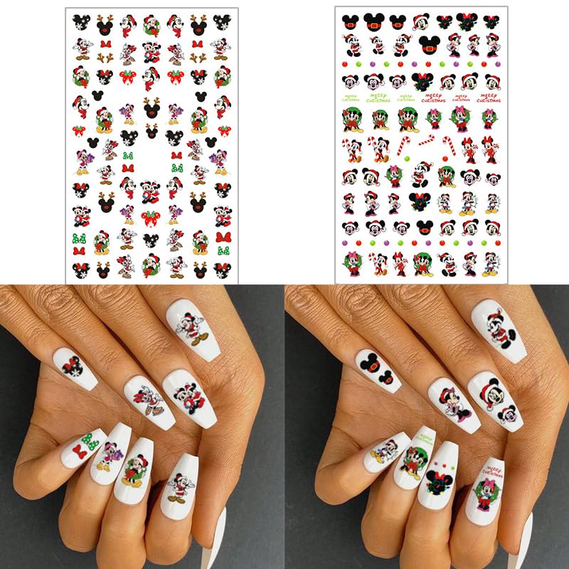 Christmas Nail Stickers - 6 Sheets Cute Mickey Mouse Nail Art Decals for Women, Self-Adhesive Cartoon Nail Designs for DIY Manicure | Perfect for Holiday Parties, Gift Giving & Festive Nail Decorations