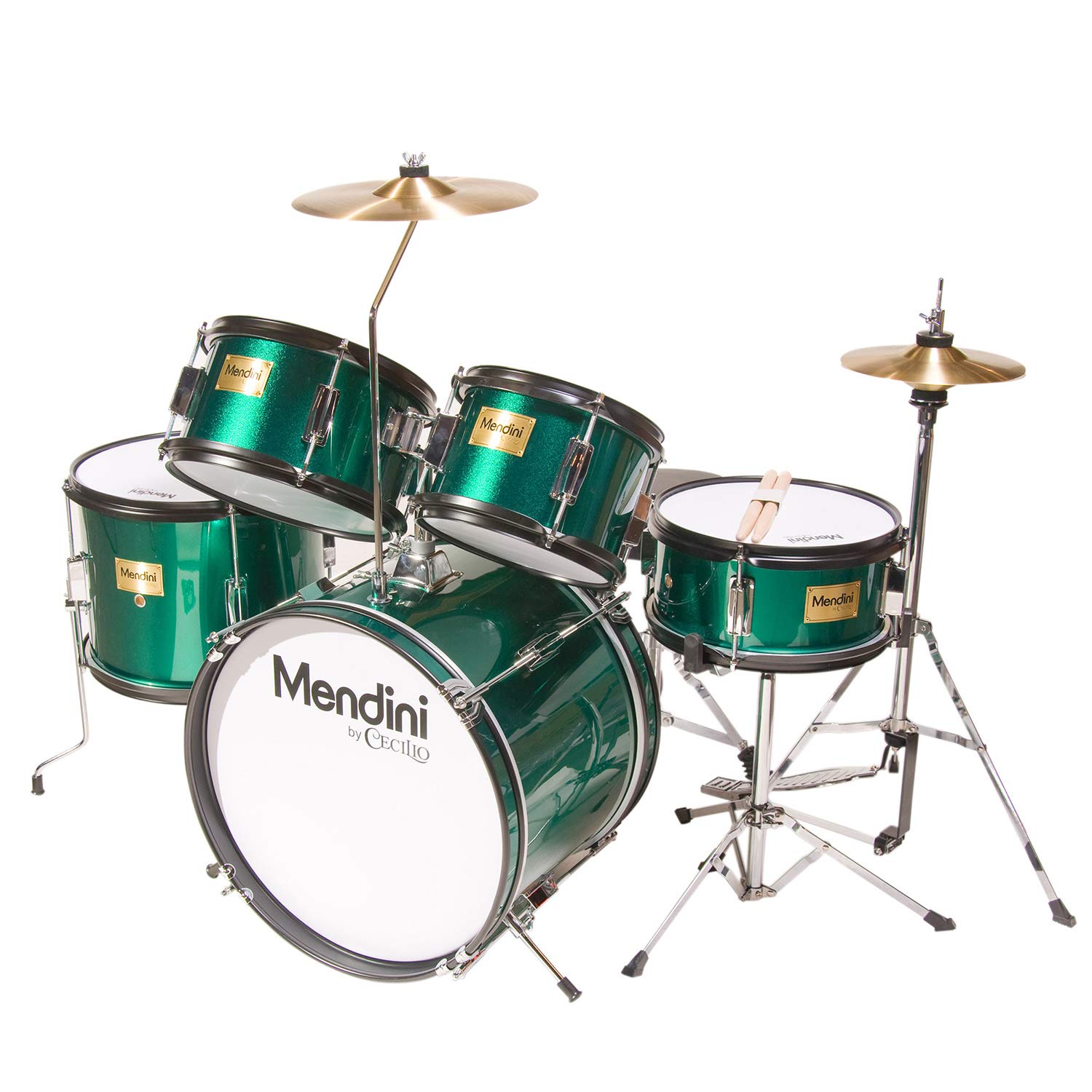 Mendini by Cecilio Kids Drum Set - 5-Piece Beginner Drum Kit with Bass Drum, Toms, Snare, Cymbal, Hi-Hat, Drumsticks & Adjustable Throne - Best Musical Instrument Starter Set for Children (Green) - Perfect for Home Practice, Music Lessons & First Performances