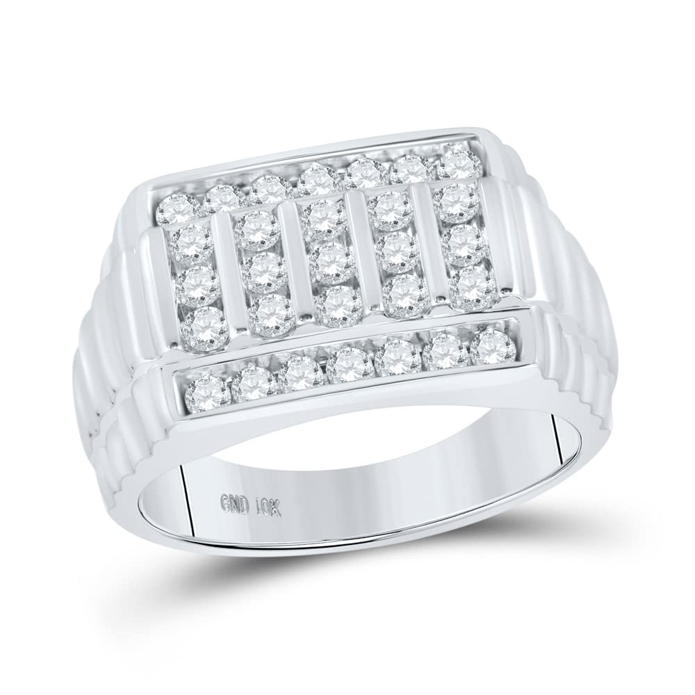 10K White Gold Men's Round Diamond Ribbed Ring - 1 CTTW Genuine Diamond Wedding Band for Him - Perfect for Engagement, Anniversary & Special Occasions