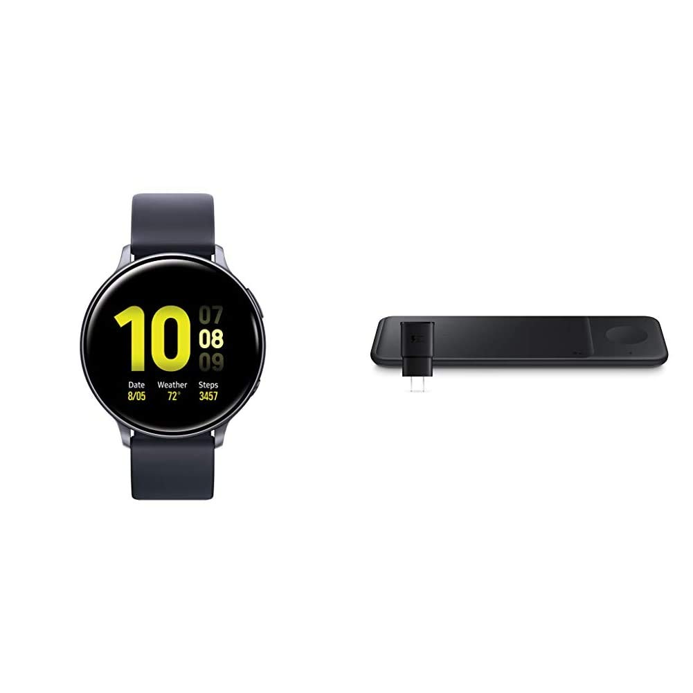 SAMSUNG Galaxy Watch Active 2 Smartwatch (44mm, GPS, Bluetooth) - Aqua Black US Version with Wireless Charger Trio - Fitness Tracking & Sleep Monitoring for Active Lifestyles