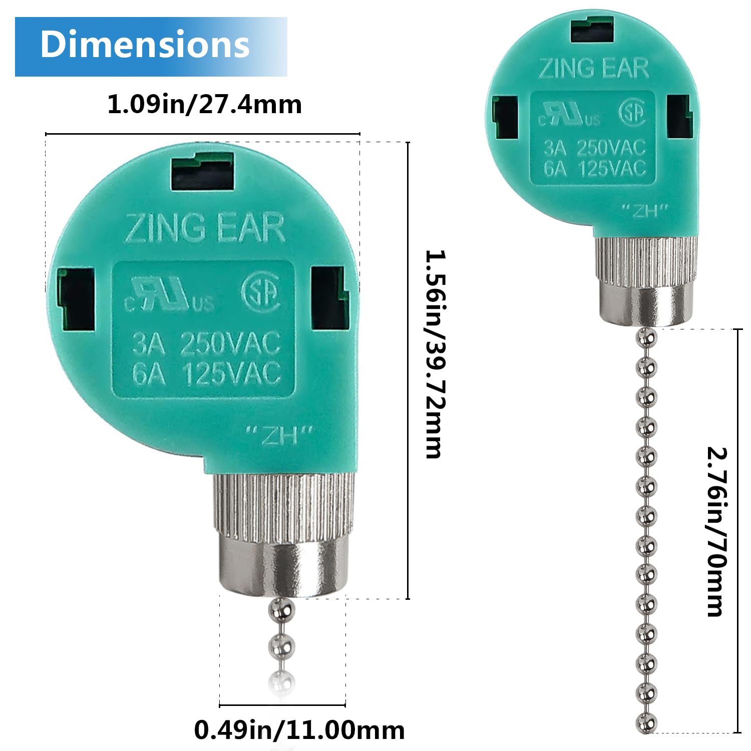 3-Speed 4-Wire Ceiling Fan Switch ZE-268S6 - Compatible with Hunter Ceiling Fans, Lamps & Wall Lights - Nickel Pull Chain Control - Perfect for Bedroom, Living Room & Office Fan Replacement
