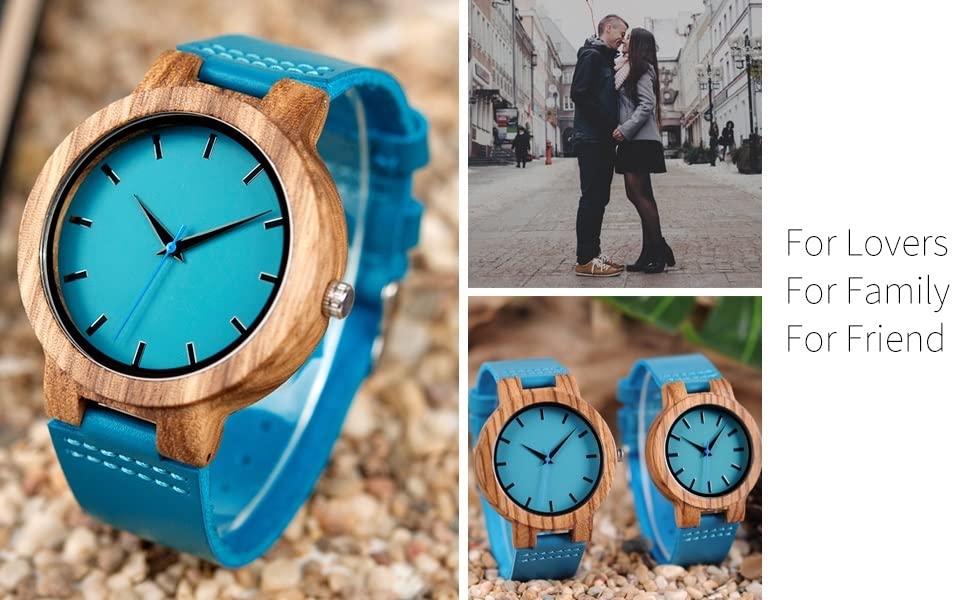 BOBO BIRD Bamboo Wooden Watch for Men & Women - Blue Cowhide Leather Strap Casual Wristwatch - Perfect Gift for Anniversary & Couples - Ideal for Everyday Wear, Office & Outdoor Activities