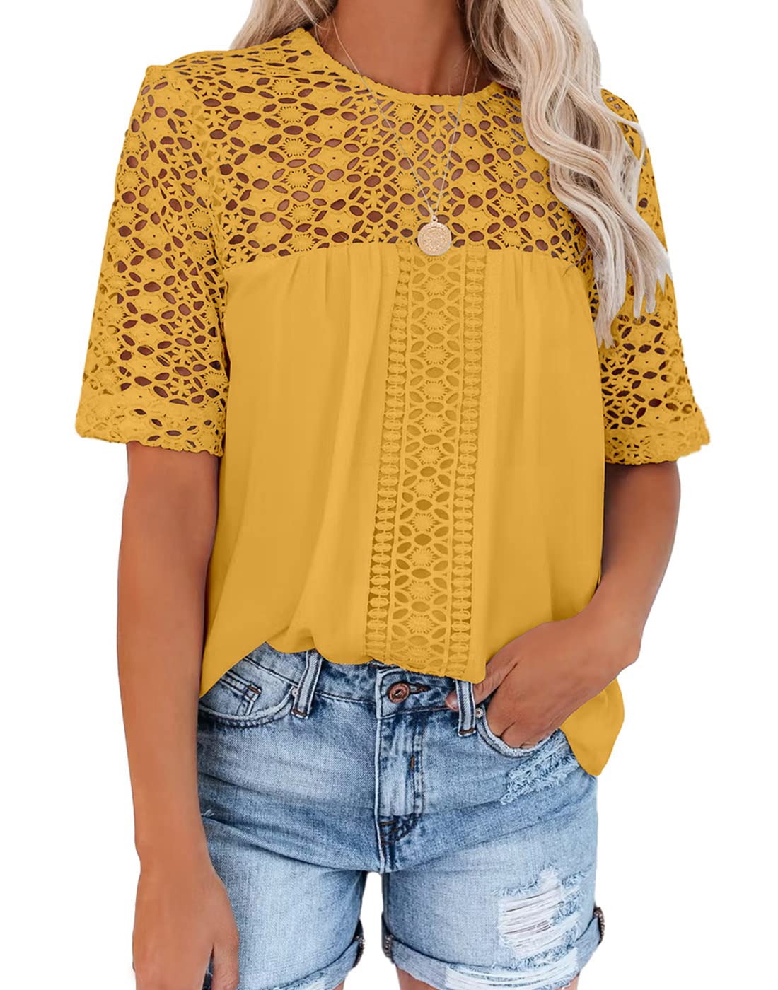 Dyexces Women's Summer Tops - Elegant Lace Short Sleeve Blouse with Eyelet Details, Casual Tunic Shirt for Women | Perfect for Office, Date Night & Summer Outings