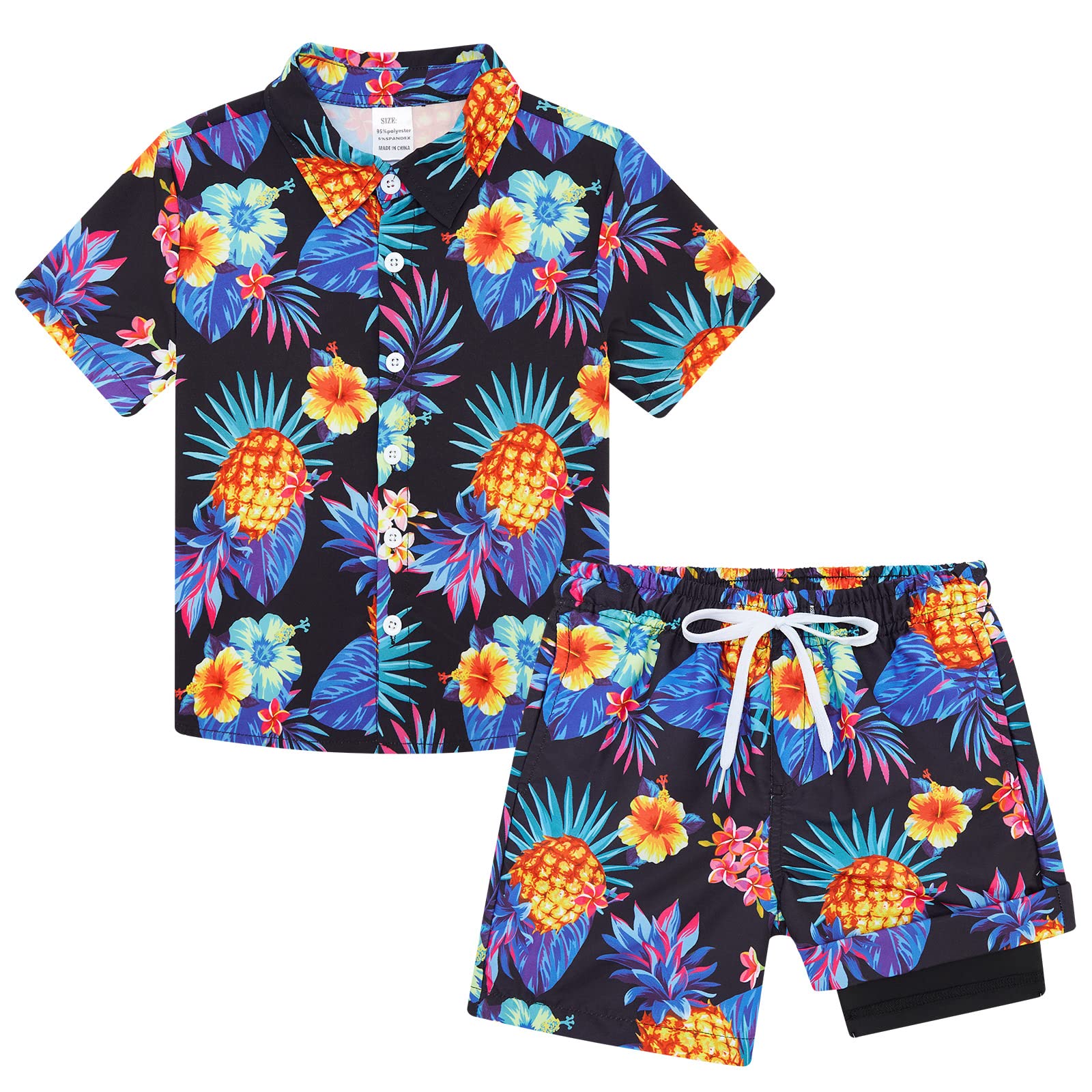 UNICOMIDEA Boys Hawaiian Shirt and Swim Trunks Set - Tropical Print Button Down Shirt with Matching Swim Shorts for Kids 5-12 Years - Perfect for Beach Vacations, Pool Parties & Summer Outfits