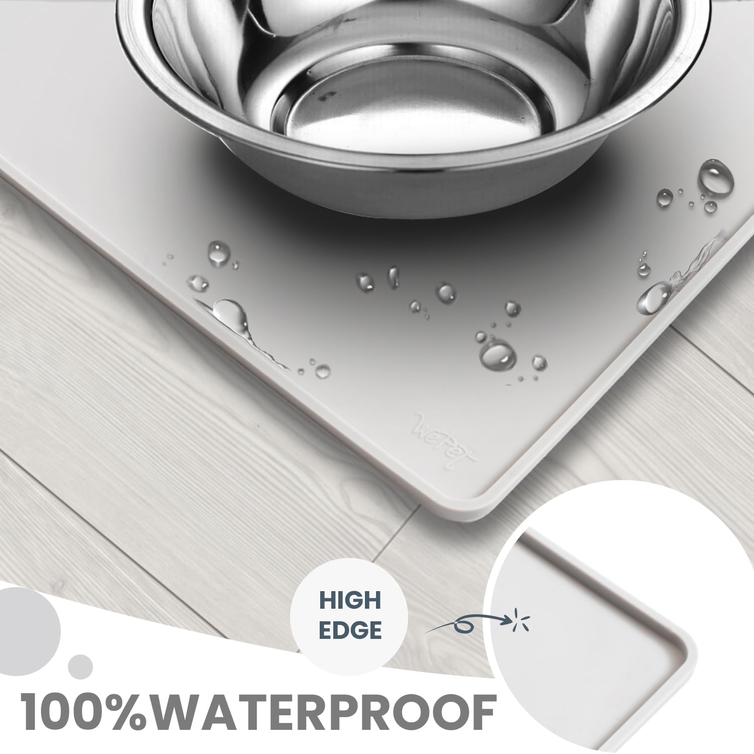 WePet Non-Slip Waterproof Silicone Pet Feeding Mat - 20x12 Inch Dishwasher Safe Dog & Cat Food Mat - Prevents Spills & Messes - Silver Grey for Kitchen, Crate or Outdoor Use