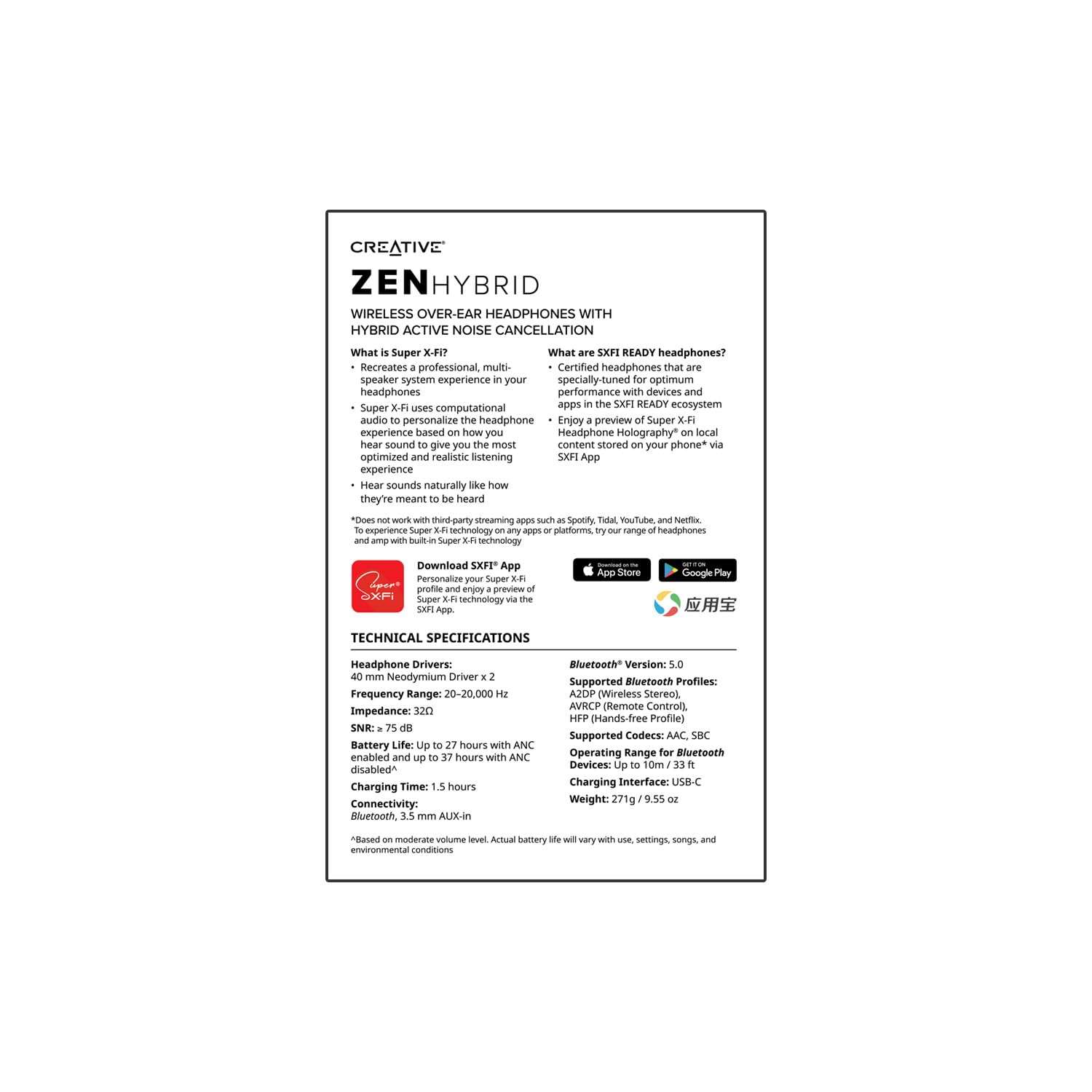 Creative Zen Hybrid Wireless Over-Ear Headphones with Hybrid Active Noise Cancellation & Ambient Mode - 27H Playtime (ANC On), Bluetooth 5.0, AAC, Built-in Mic - Perfect for Travel, Work & Music Lovers (Black)