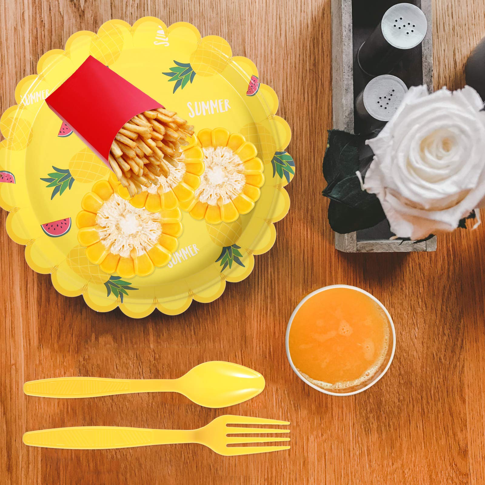 LUOZZY 40-Piece Pineapple Disposable Tableware Set - Plates, Cups, Spoons & Forks for Hawaiian Themed Parties, Birthday Celebrations & Summer BBQs