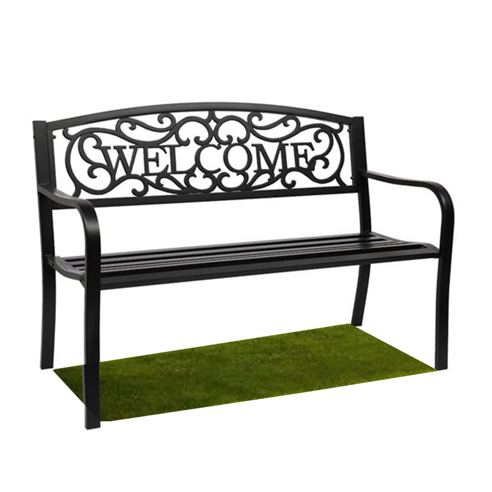 Outdoor Garden Park Bench - Heavy Duty Metal Cast Iron Frame Double Seat Chair with Armrests - 50