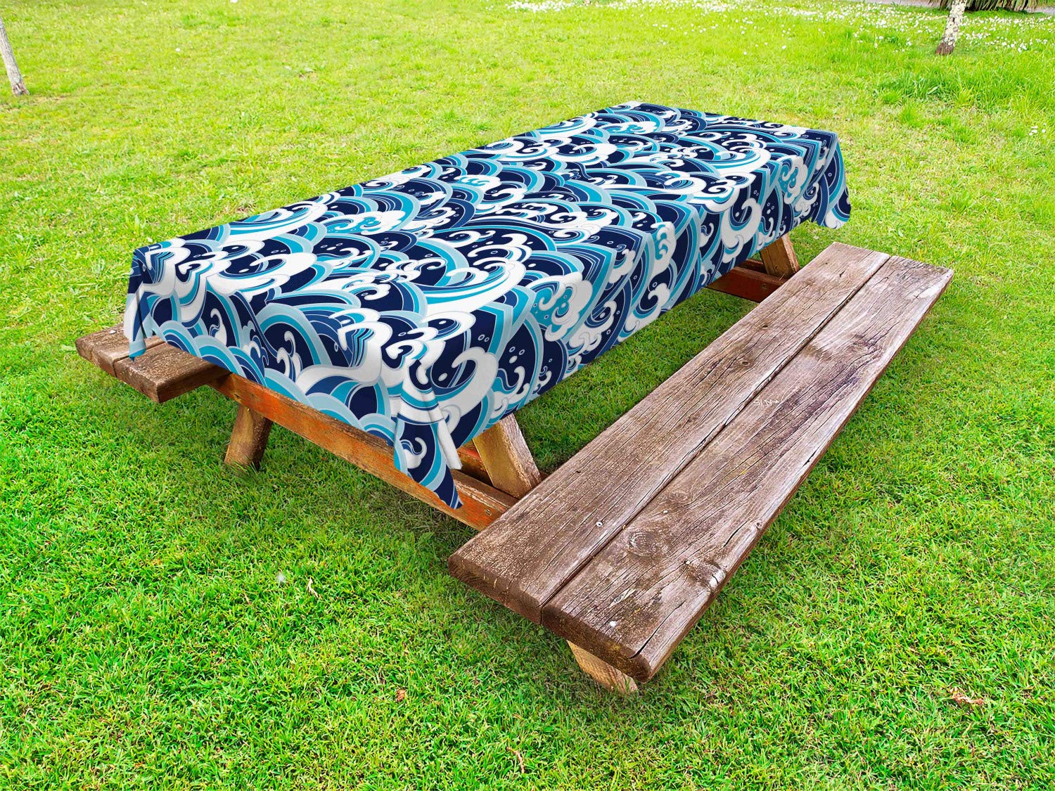 Ambesonne Japanese Wave Waterproof Outdoor Tablecloth - Traditional Eastern Design with Ocean Foam Splashes - Washable Picnic Table Cover 58x120 Inches - Pale Blue & Navy Blue for Beach Parties, Garden Dining, and Outdoor Decor
