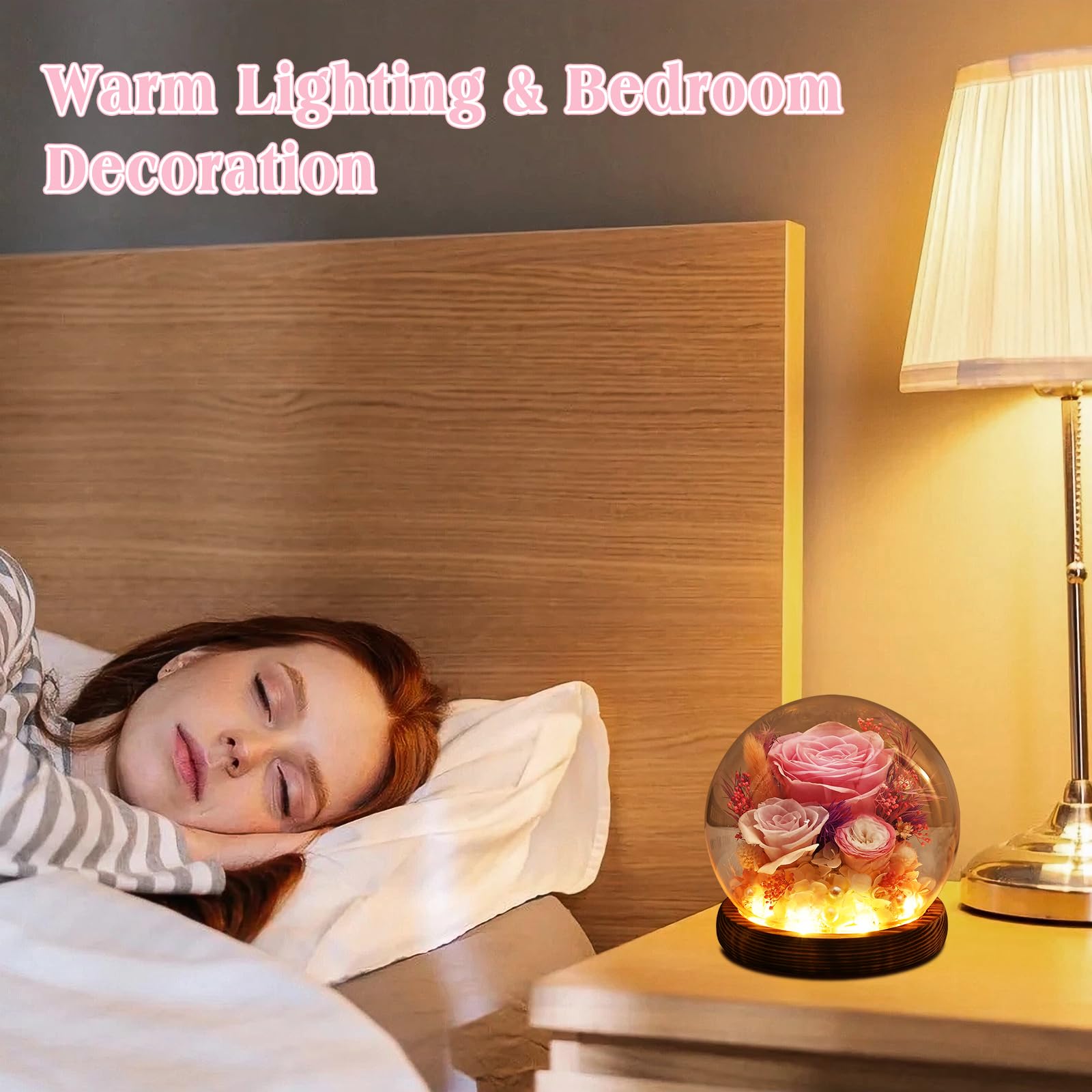Preserved Roses in Glass Dome with LED Light - Perfect Gift for Women, Mom, Grandma - Mother's Day, Birthday, Valentine's Day Present (Pink) | Home Decor, Wedding Centerpiece, Romantic Keepsake