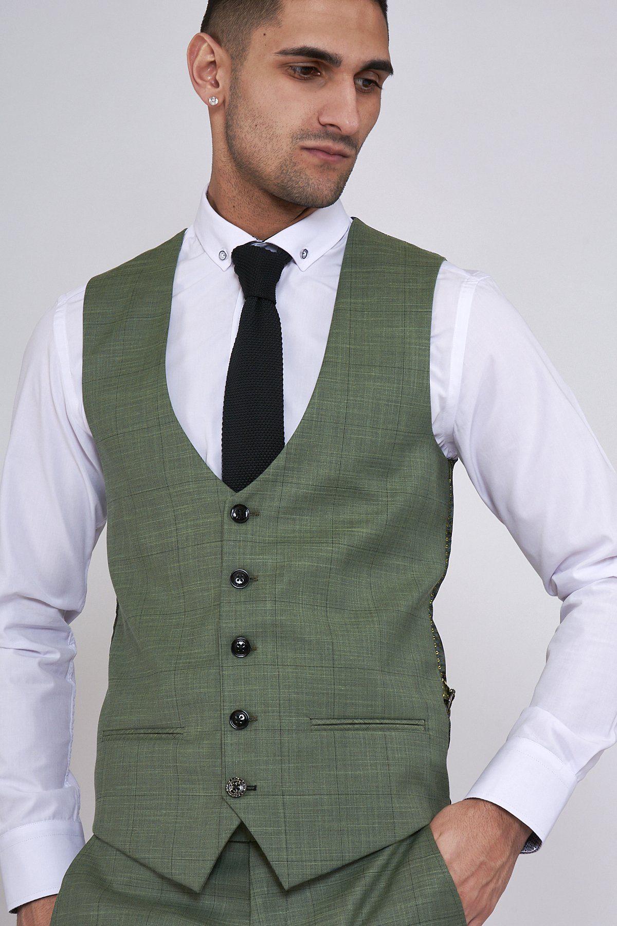 Moss Green Check Single Breasted Waistcoat for Men - Stylish Formal Vest for Weddings, Office & Business Attire
