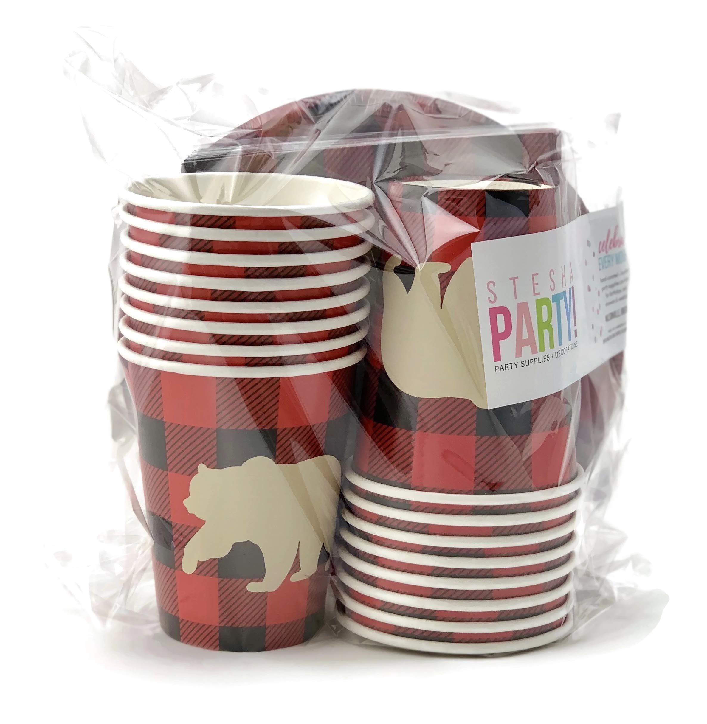 Buffalo Plaid Bear Baby Shower & Lumberjack Birthday Party Supplies Set - 16-Piece Disposable Plates, Napkins, Cups for Rustic Themed Celebrations
