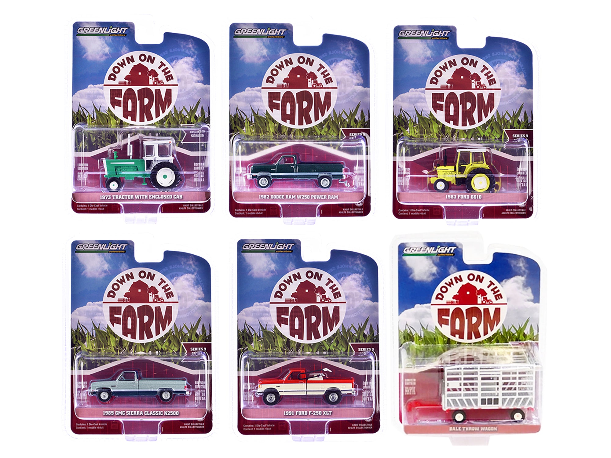 Greenlight Down on the Farm Series - Set of 6 Premium 1/64 Scale Diecast Tractor Models | Collectible Farm Vehicle Toys for Display & Diorama Scenes