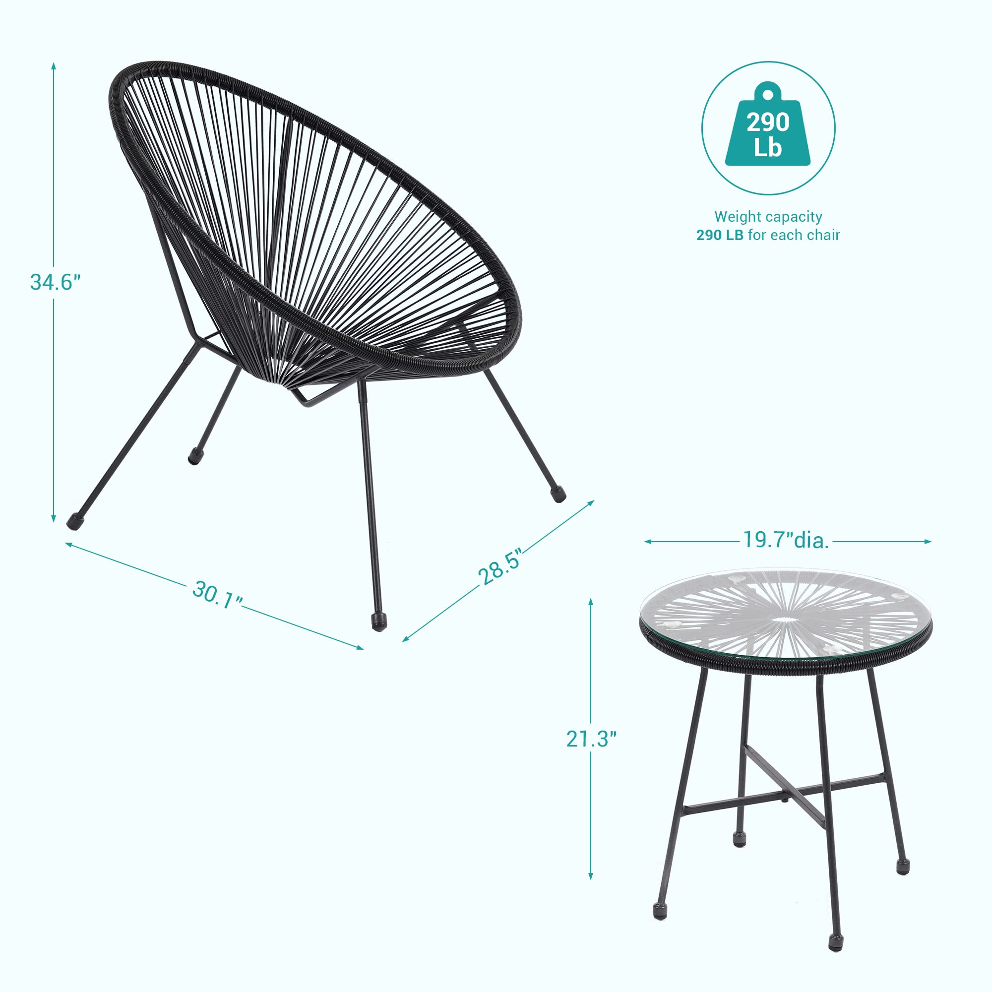 3-Piece Patio Furniture Set - Acapulco Chair with Tempered Glass Top Table & 2 Chairs - Indoor Outdoor Seating for Garden, Balcony, Poolside - Black