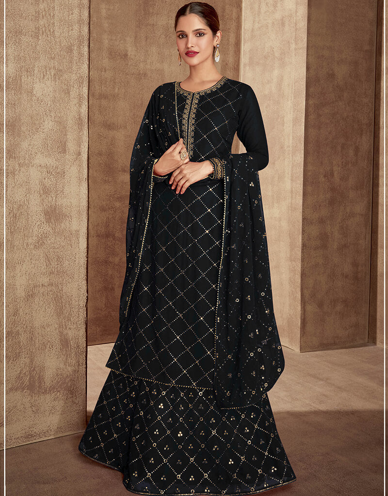 Elegant Black Faux Georgette Palazzo Suit Set for Women - Comfortable & Stylish Outfit for Party, Wedding & Special Occasions