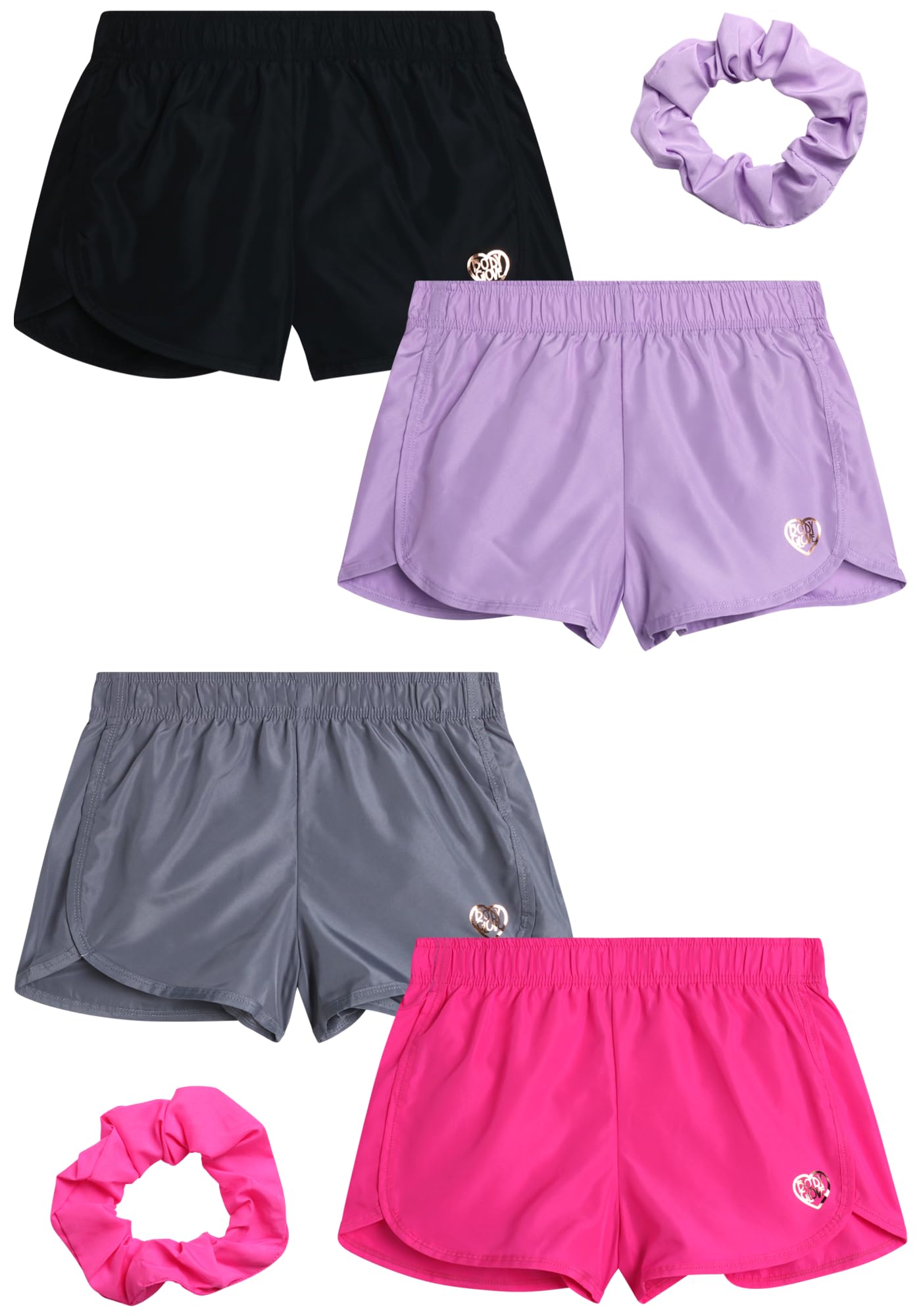 Body Glove Girls' 4-Pack Athletic Performance Shorts - Quick Dry Gym Shorts with Scrunchie for Ages 7-12 | Perfect for Sports, Yoga & Outdoor Activities