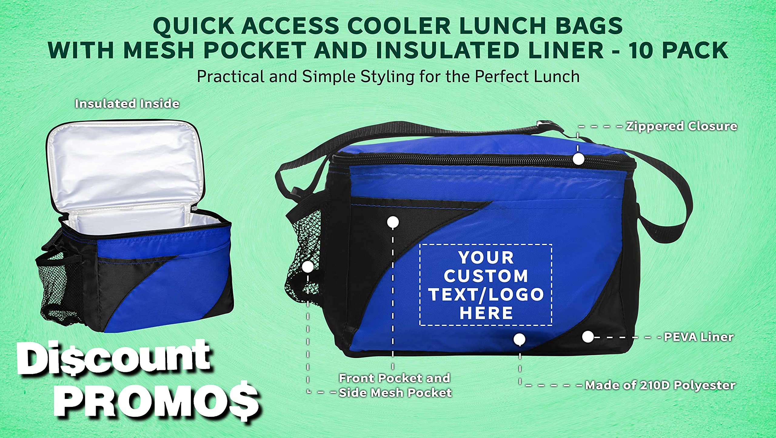 10 Pack Insulated Cooler Lunch Bags with Front & Side Pockets - Custom Text/Logo - Perfect for School, Work, Picnics & Outdoor Activities - Blue