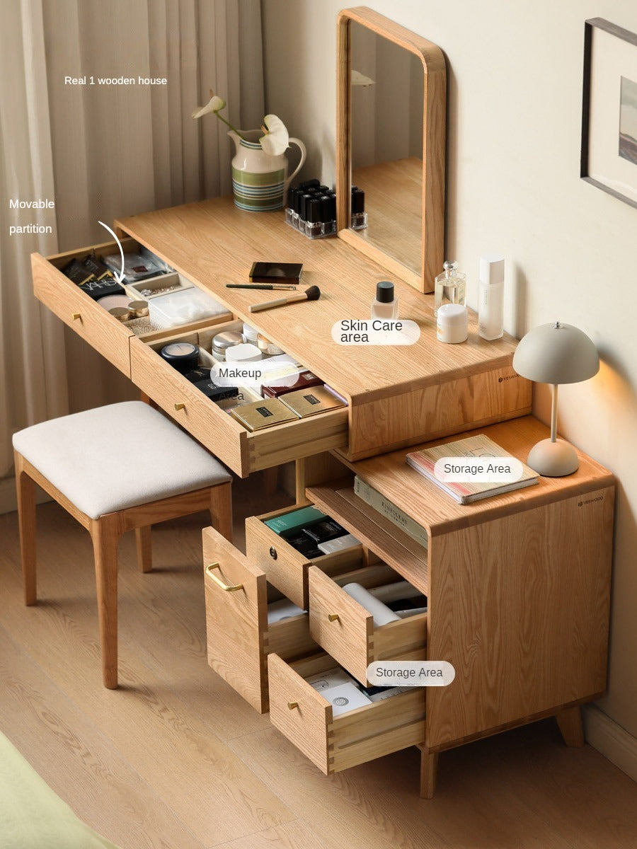 Solid Oak Wood Extendable Vanity Dressing Table with Mirror - Perfect for Bedroom Makeup & Jewelry Storage