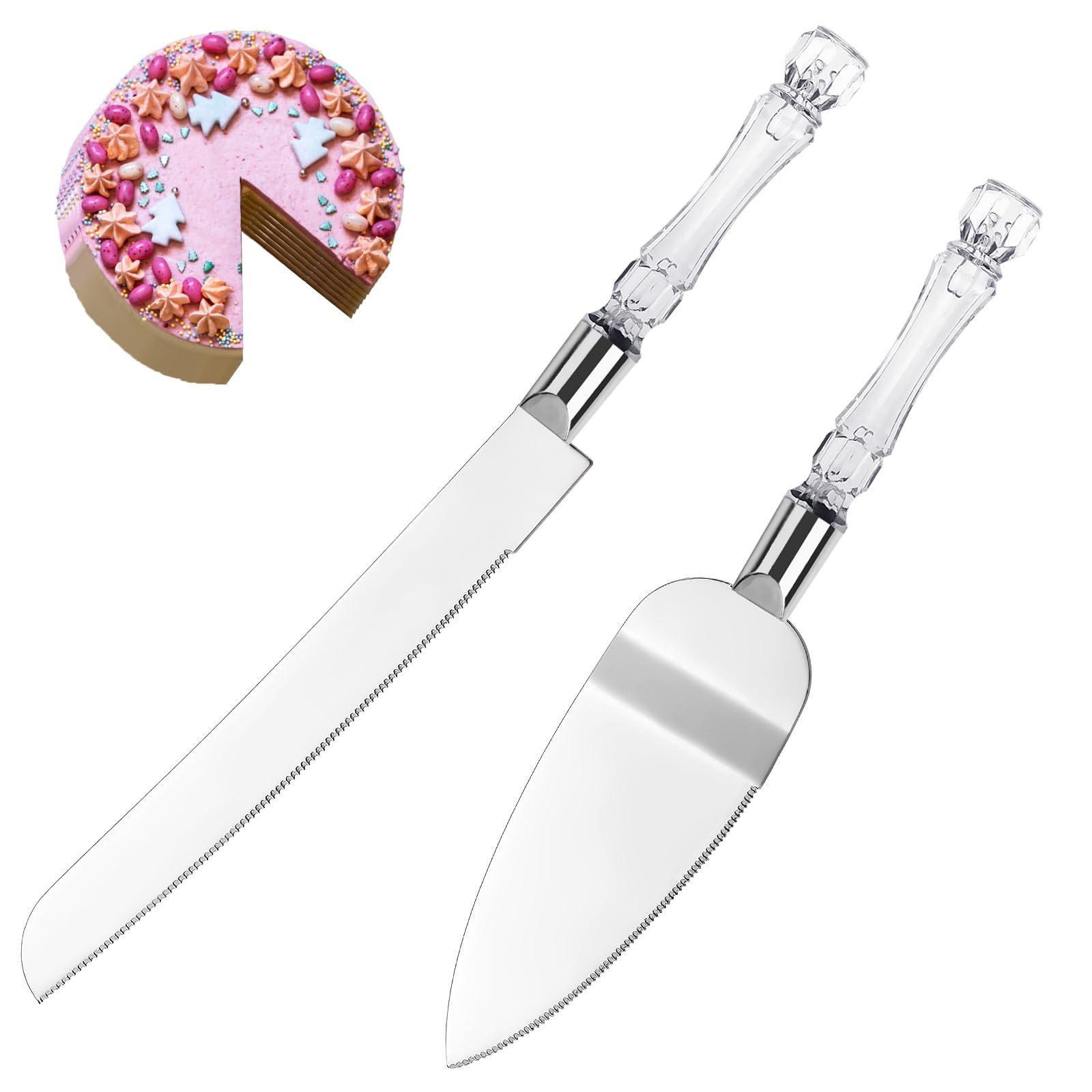 Premium Stainless Steel Cake Knife and Server Set - 2 Piece Wedding Cake Cutting Kit with Acrylic Crystal Handles, Elegant Silver Cake Serving Utensils for Weddings, Birthdays, Anniversaries & Special Occasions