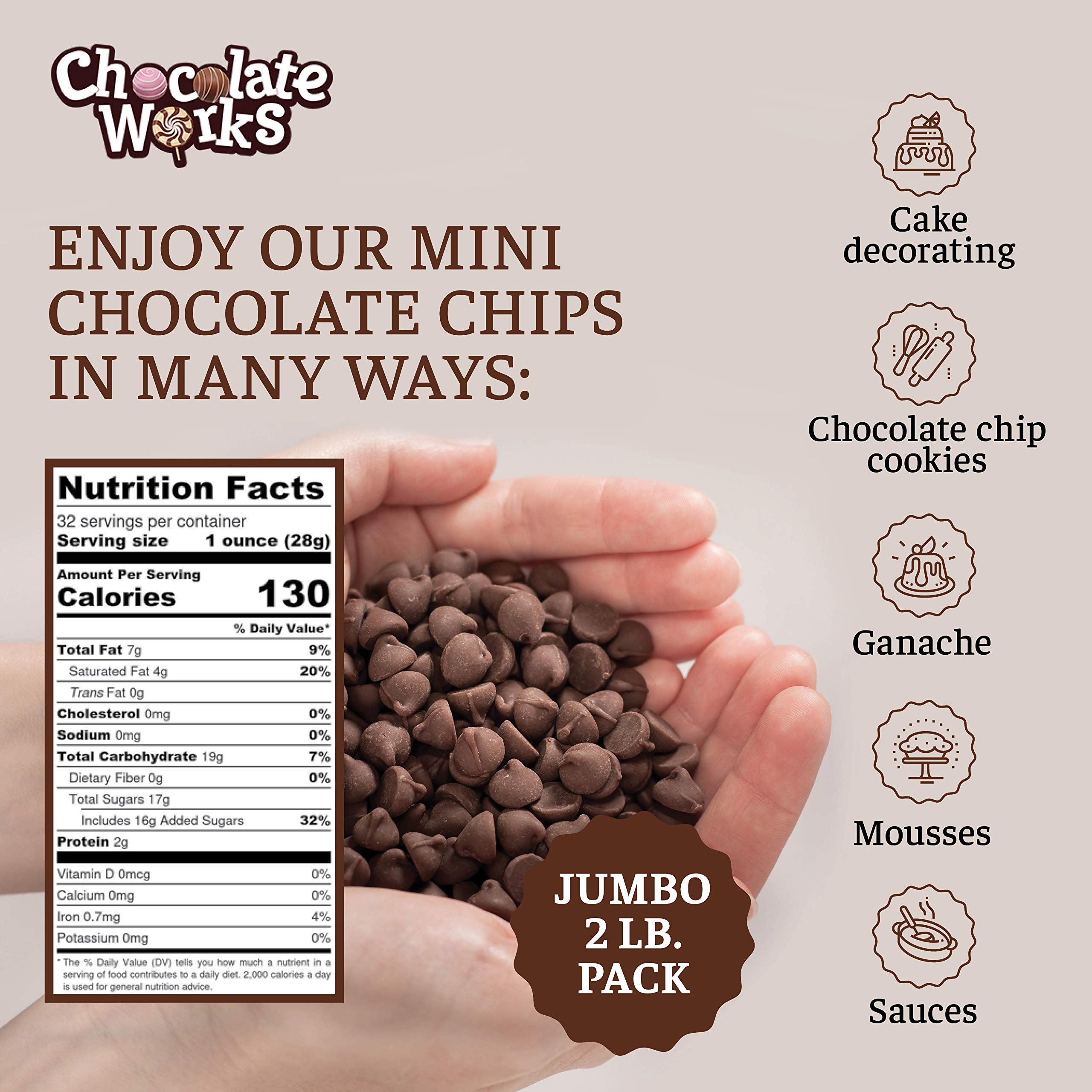 Semi-Sweet Mini Chocolate Chips by Chocolate Works | 2 LB Bulk Pack | Dairy-Free, Vegan, Kosher & Halal Certified Baking Chocolate | Perfect for Cookies, Cakes, Muffins & Dessert Decorations