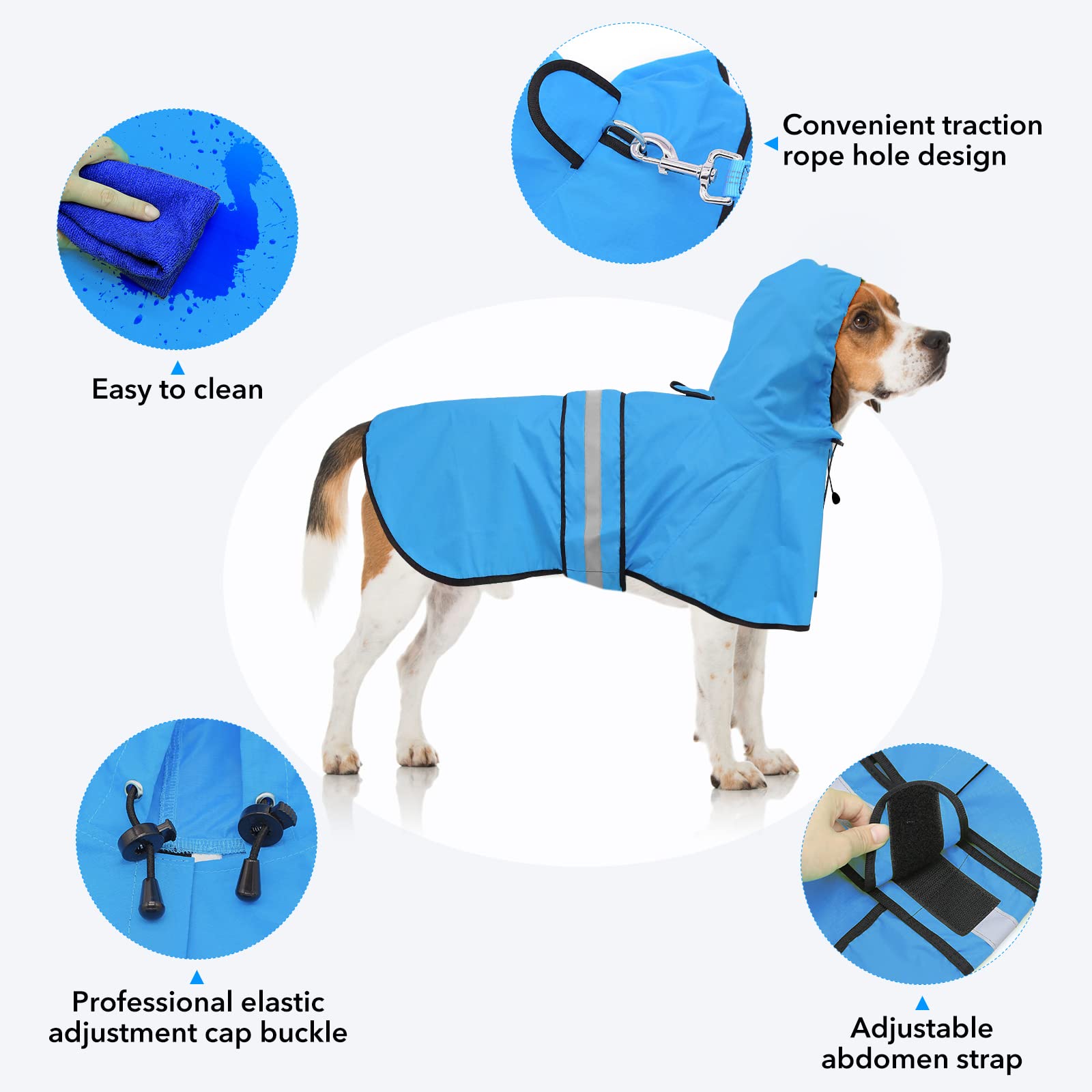 Waterproof Hooded Dog Raincoat - Adjustable Reflective Pet Jacket for Small to X-Large Dogs | Lightweight Dog Poncho for Rainy Day Walks & Outdoor Adventures (Blue, Large)