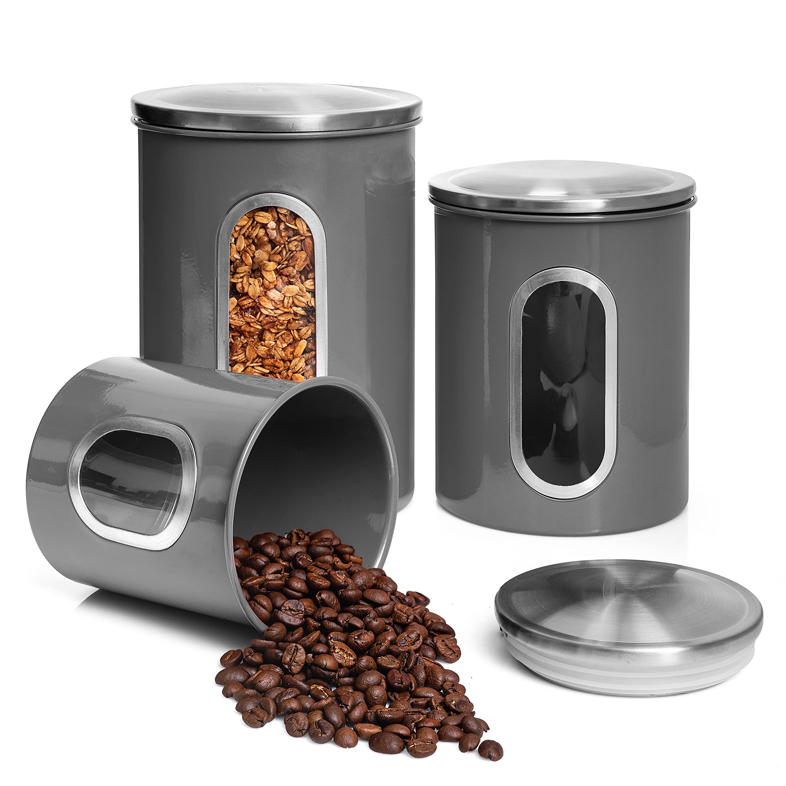 3-Piece Gray Kitchen Canister Set with See-Through Window - Airtight Coffee, Tea & Sugar Storage Containers - Moss & Stone Kitchen Jars for Pantry Organization (Grey) - Perfect for Coffee Lovers, Tea Enthusiasts & Baking Needs