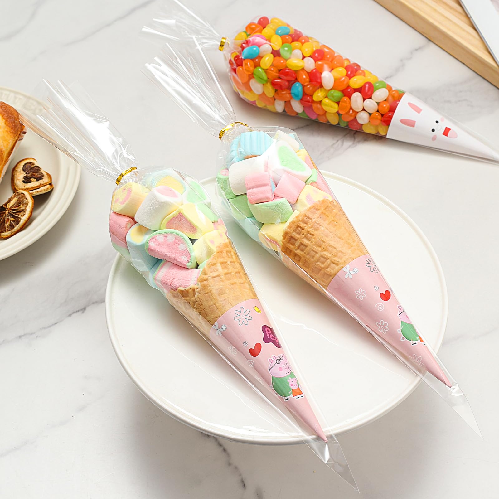 SUREHOME 100-Pack Clear Cellophane Cone Shaped Treat Bags with Ties (7x15 Inches) - Bulk Triangle Plastic Bags for Popcorn, Candy, Snacks, Party Favors & Gift Wrapping - Perfect for Birthday Parties, Halloween, Christmas & School Events