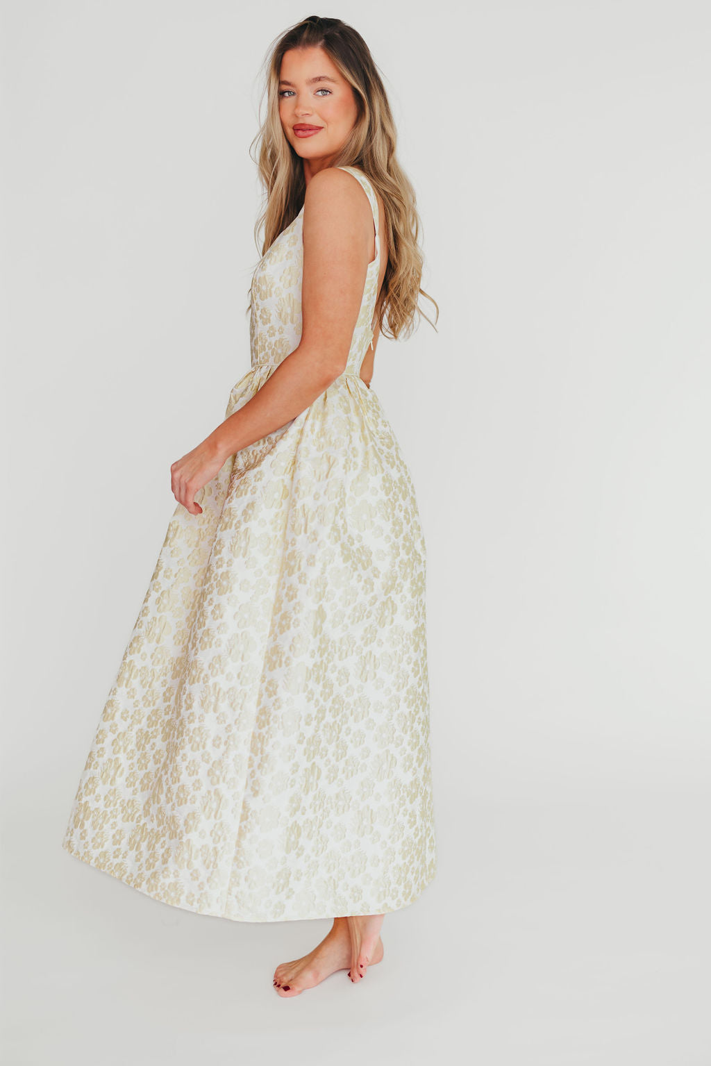 Hayden Floral Jacquard Midi Dress in Butter Yellow - Elegant Spring Summer Cocktail Party Dress for Women, Perfect for Weddings, Garden Parties & Date Nights