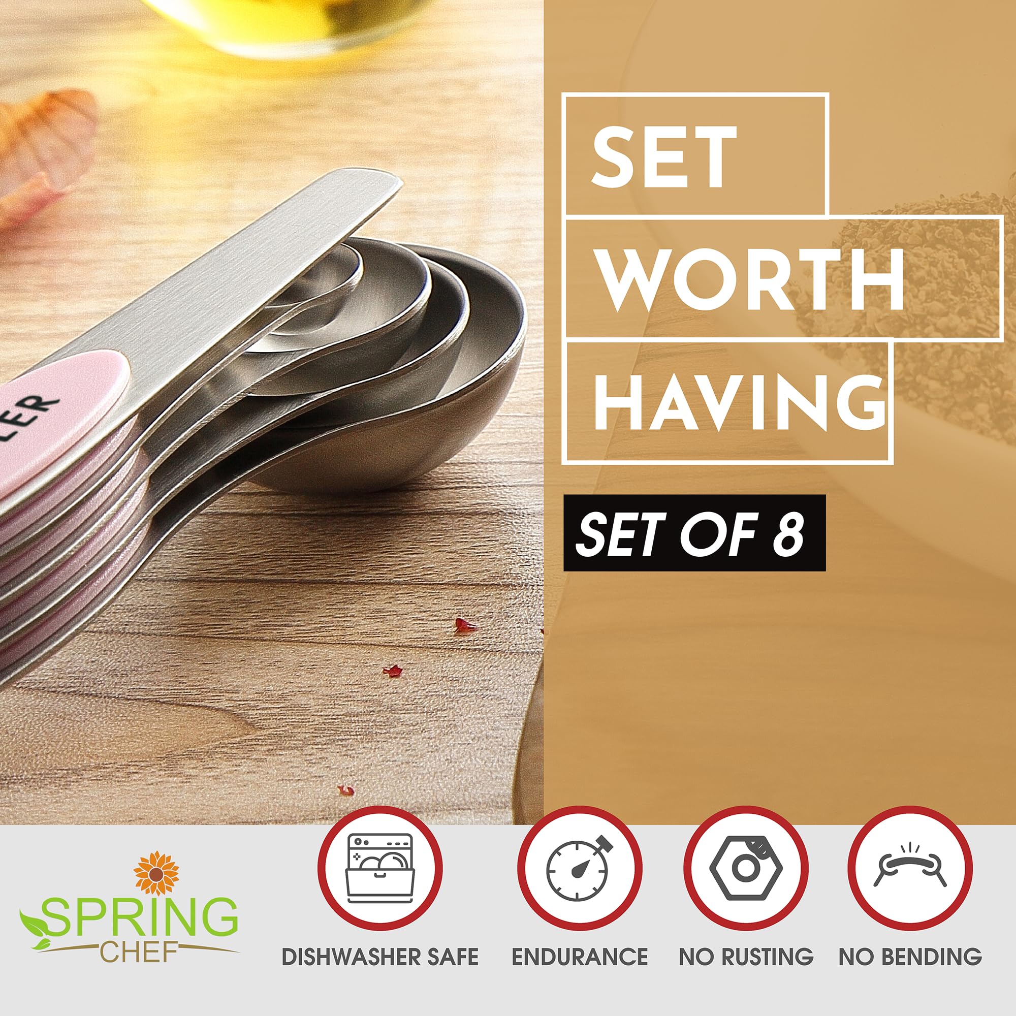Spring Chef 8-Piece Stainless Steel Magnetic Measuring Spoons Set - Dual Sided Teaspoon & Tablespoon with Leveler, Strong Magnets - Perfect for Baking, Cooking & Meal Prep - Pink Lemonade Kitchen Gadgets