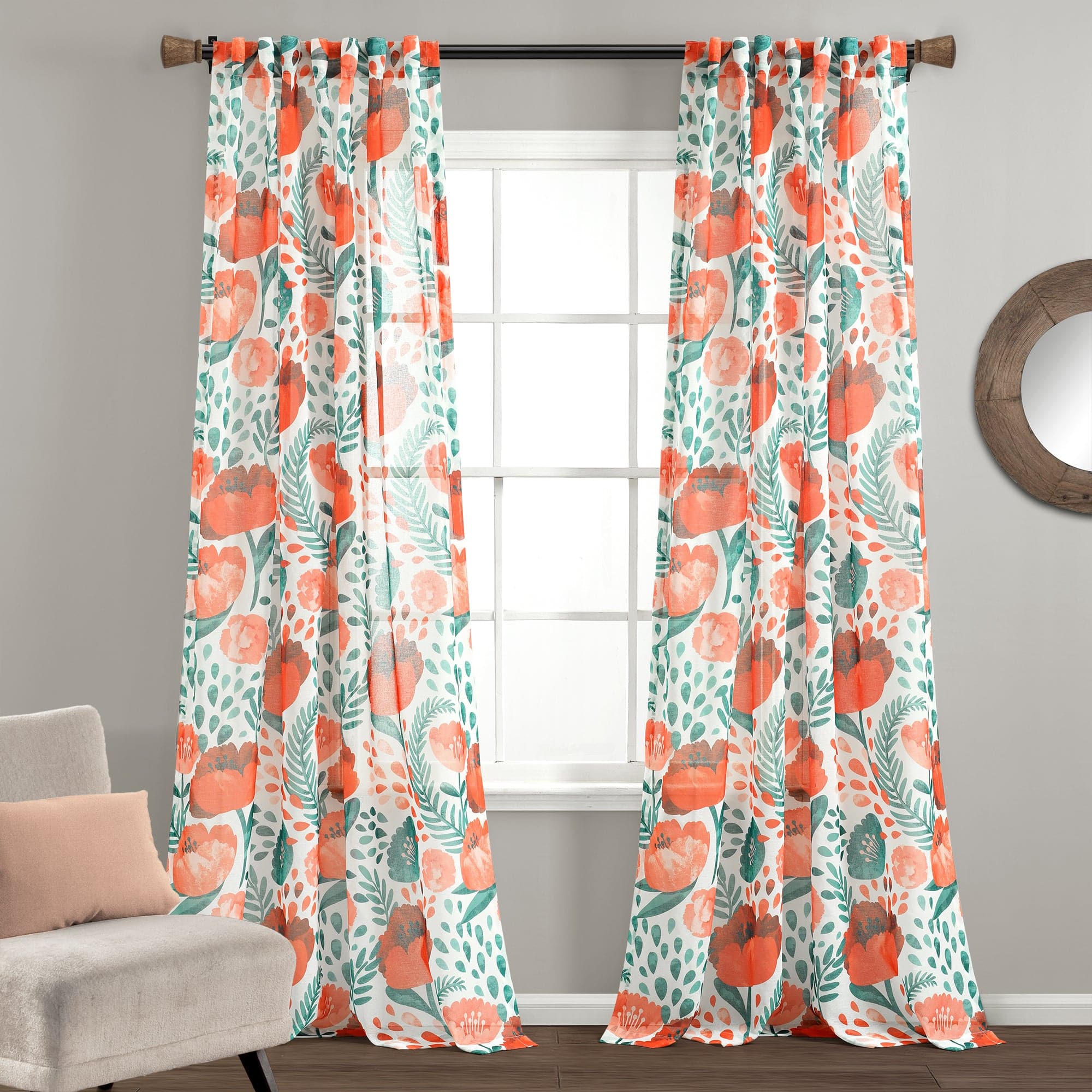Poppy Garden Sheer Window Curtain Panel Set - Light Filtering Floral Drapes for Living Room & Bedroom - Elegant Home Decor for Sun Protection & Privacy
