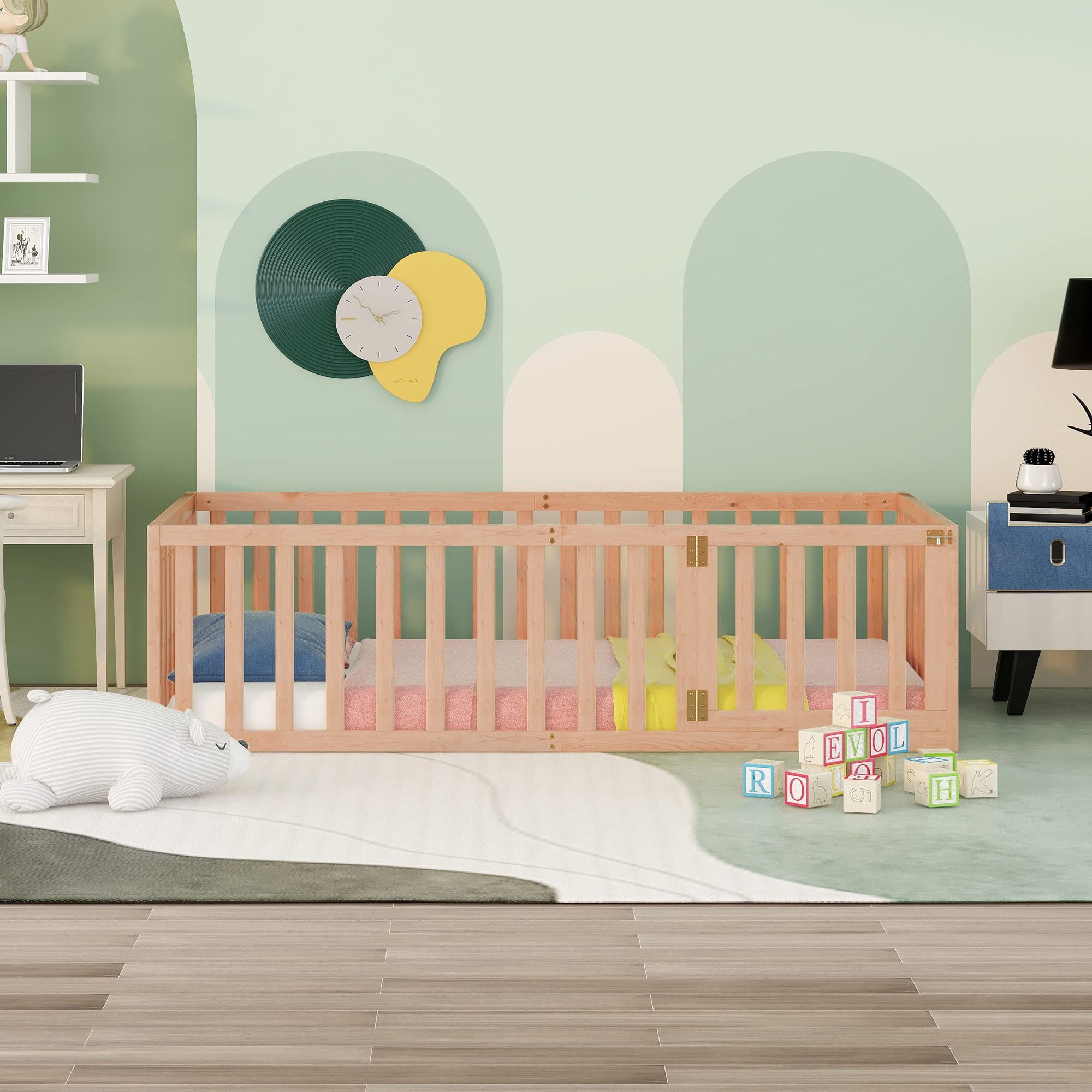 LZ LEISURE ZONE Twin Size Solid Wood Platform Bed with Fence & Door - Natural Wood Floor Bed Frame, Daybed for Kids Room, Guest Bedroom & Small Spaces