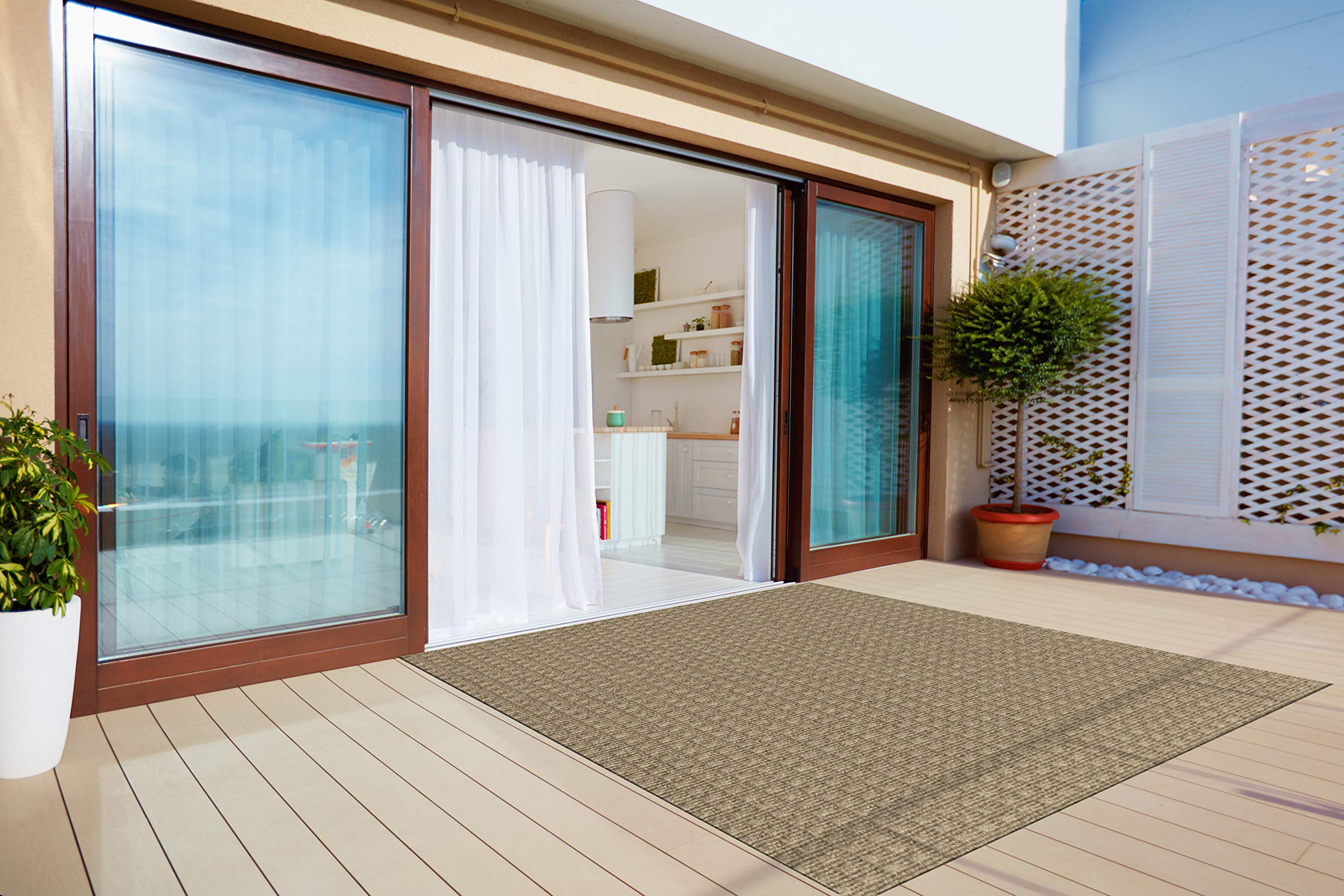 KOECKRITZ Quick Dry Waffle Weave Indoor Outdoor Rug - Lightweight Non-Slip Patio Balcony Carpet - Easy Clean & Portable 5x7 Feet Taupe - Perfect for Decks, Porches, Poolside & Summer Gatherings