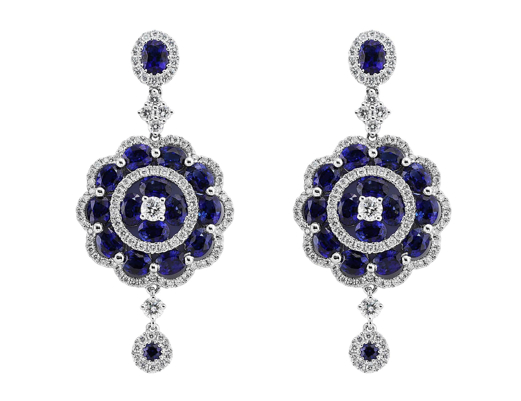 18K White Gold Sapphire and Diamond Floral Drop Earrings for Women - Elegant Dangle Earrings for Wedding, Party & Special Occasions