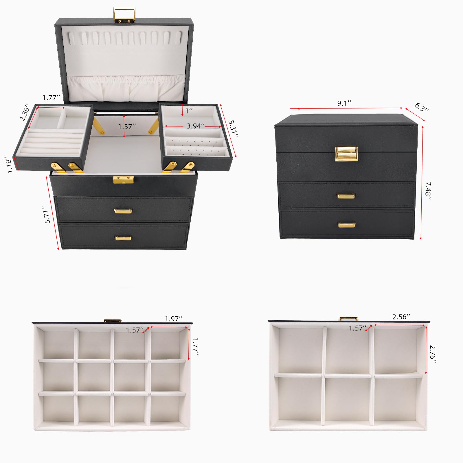Dajasan 4-Layer Jewelry Box Organizer for Women - Large Jewelry Storage Case for Earrings, Rings, Necklaces & Bracelets - Perfect for Bedroom Vanity, Travel & Gift (Black)
