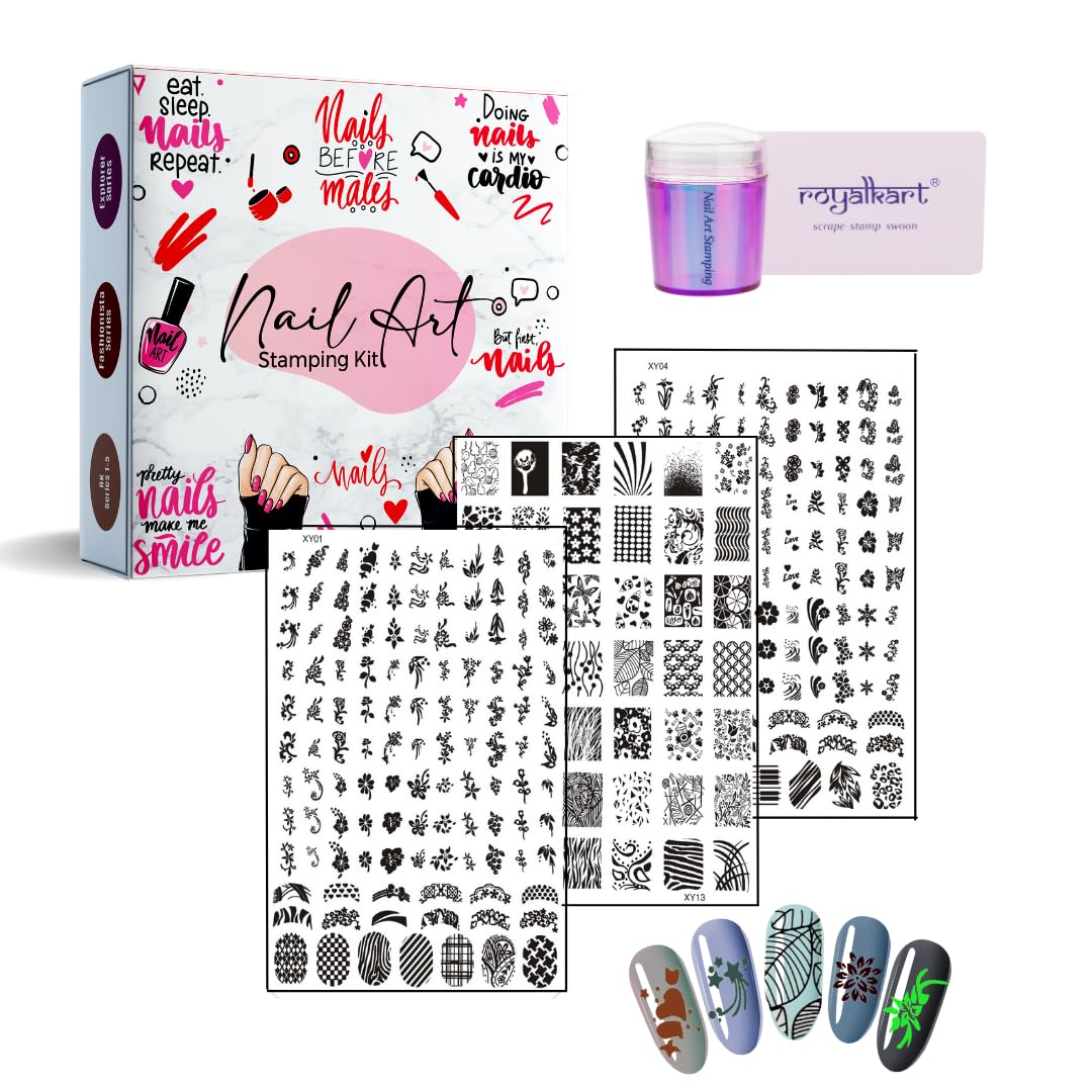 RoyalKart Professional Nail Art Stamping Kit for Women & Girls - 3 Nail Stamping Plates with Stamper & Scraper (XY01,13,04) - Perfect for DIY Manicures, Salon Nail Designs & Creative Nail Art at Home