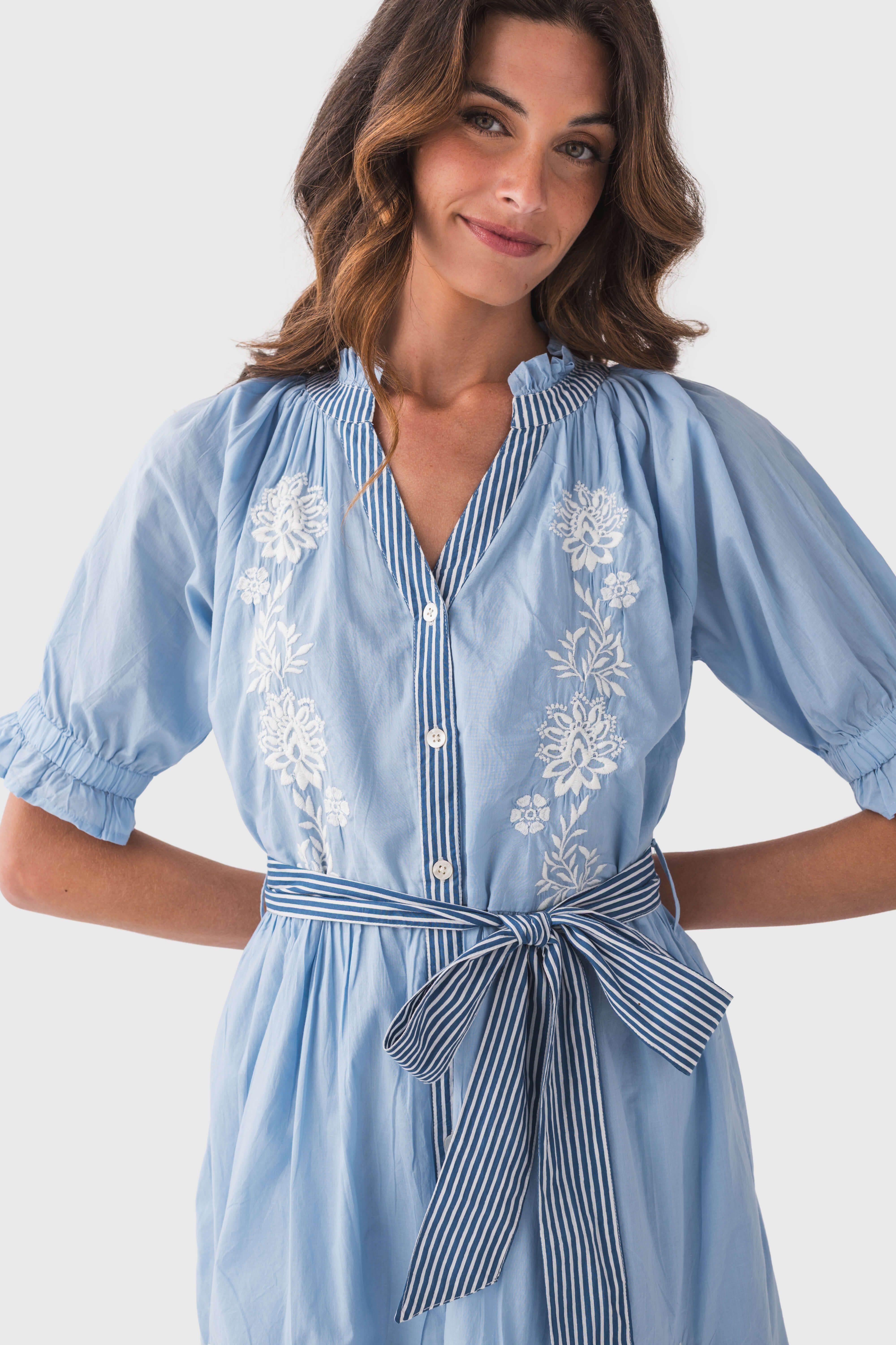 THML Embroidered Tie Waist Dress for Women - Elegant Floral Summer Midi Dress with Adjustable Belt | Perfect for Weddings, Parties & Office Wear