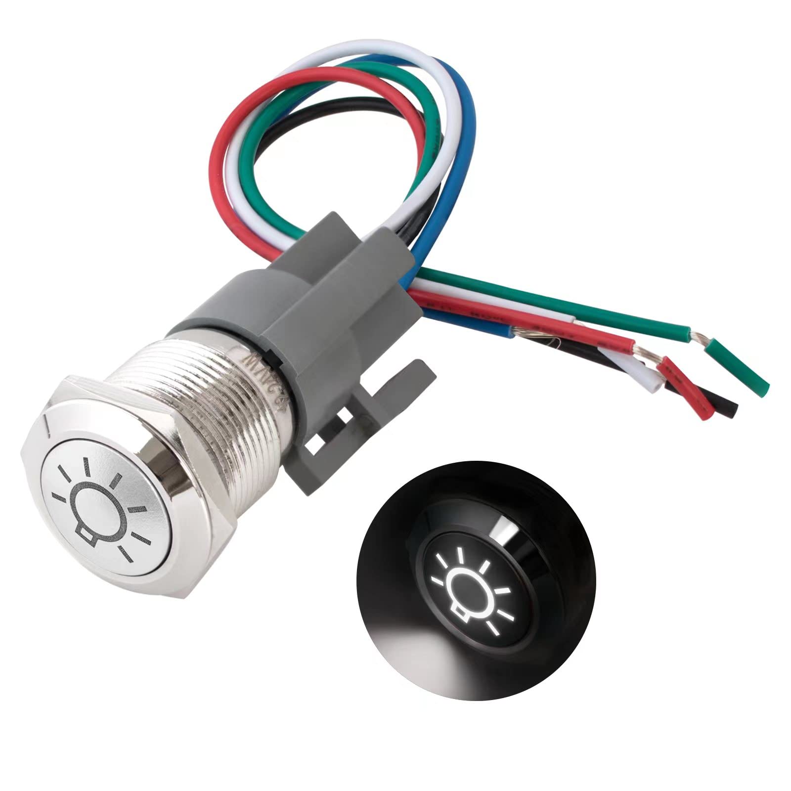 19mm Latching Metal Push Button Switch with Light Bulb Symbol - White LED Illumination, 5-Pin Waterproof Self-Locking Switch (12V/24V) with Cable Socket - Perfect for Marine, Industrial Equipment & Automotive Control Panels