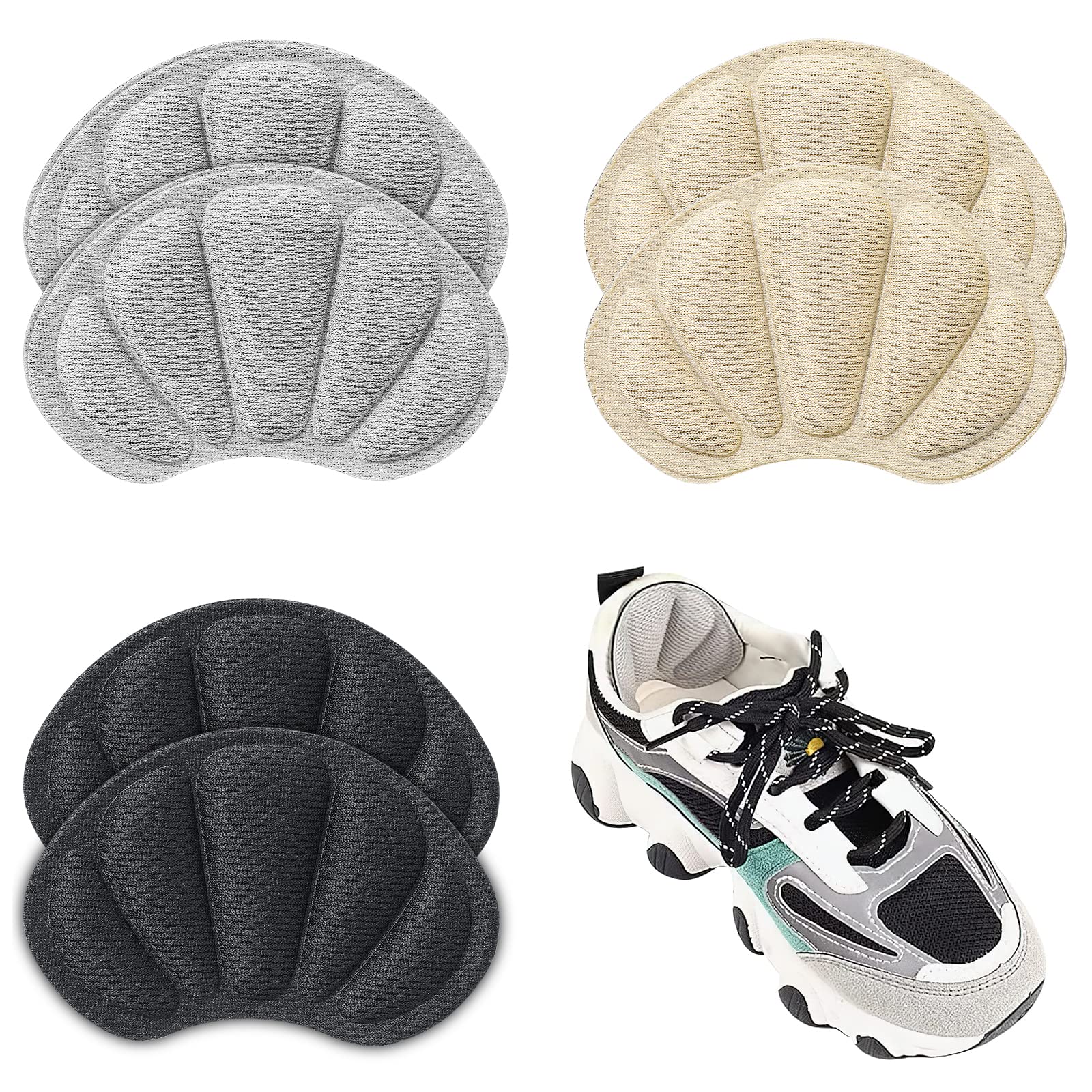 TAGVO 3 Pairs Heel Cushion Inserts - Anti-Slip Self-Adhesive Shoe Pads for Loose Shoes | Blister Protectors for Men, Women & Kids (Black & Beige) | Perfect for Sports, Running & Everyday Comfort