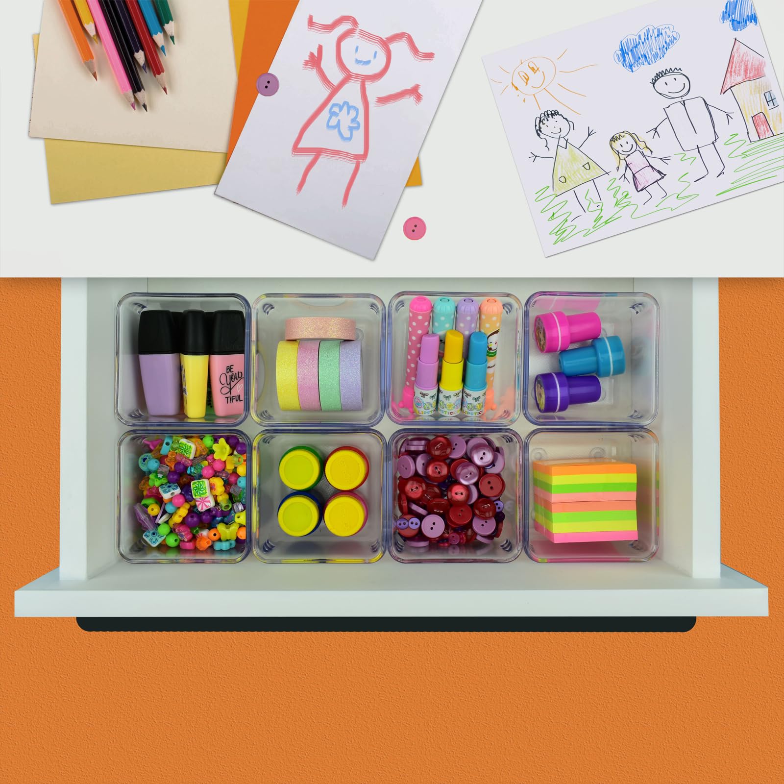 Acrimet Modular Drawer Organizer Set - 8-Piece Clear Crystal Plastic Storage Bins & Box Trays for Office, Home, Kitchen, Makeup & Junk Drawers | Perfect for Desk Organization, Bathroom Storage & Clutter Control