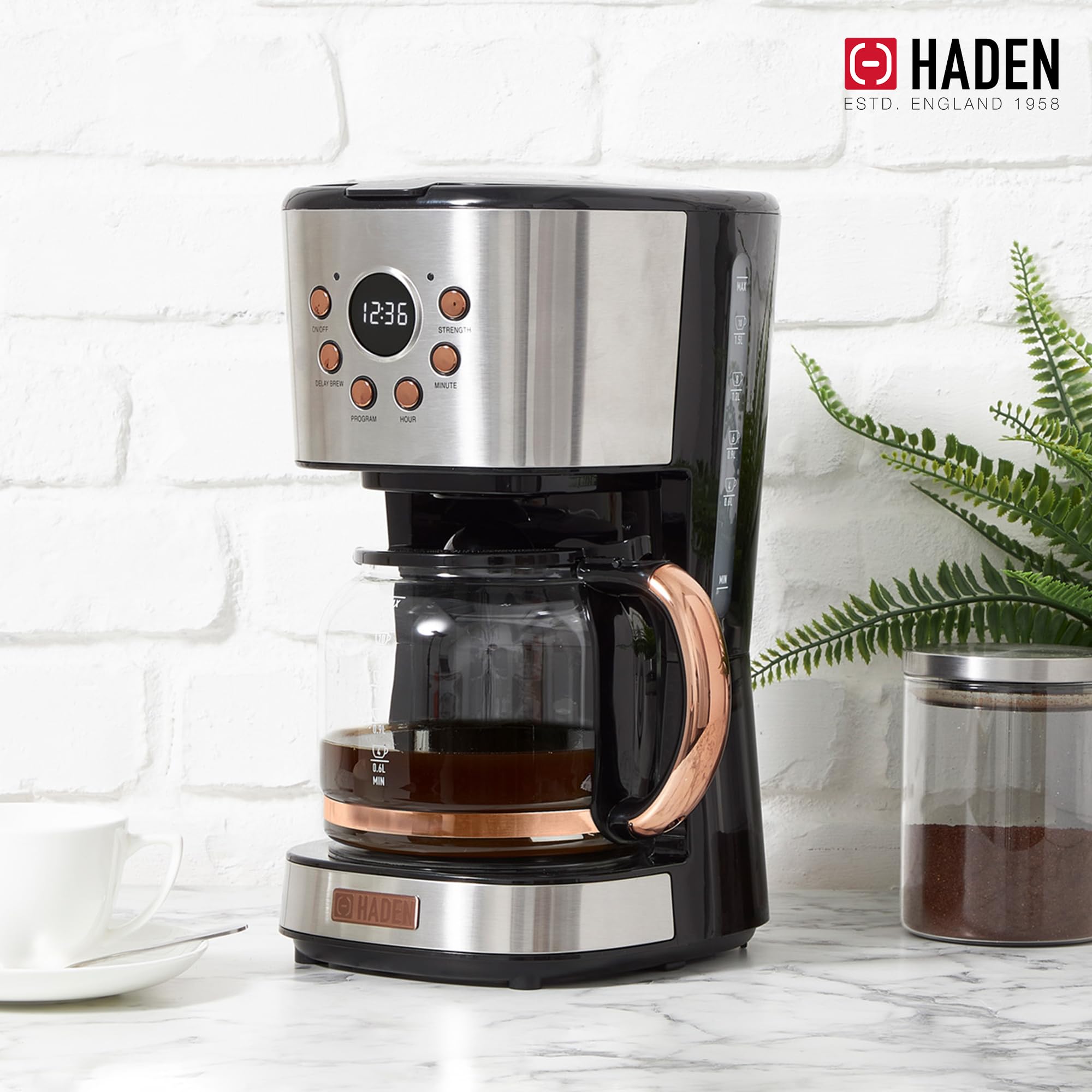 Haden 12 Cup Programmable Drip Coffee Maker with Auto Shut-Off & Reusable Filter - Stainless Steel & Copper Finish - Perfect for Home, Office or Restaurant Use