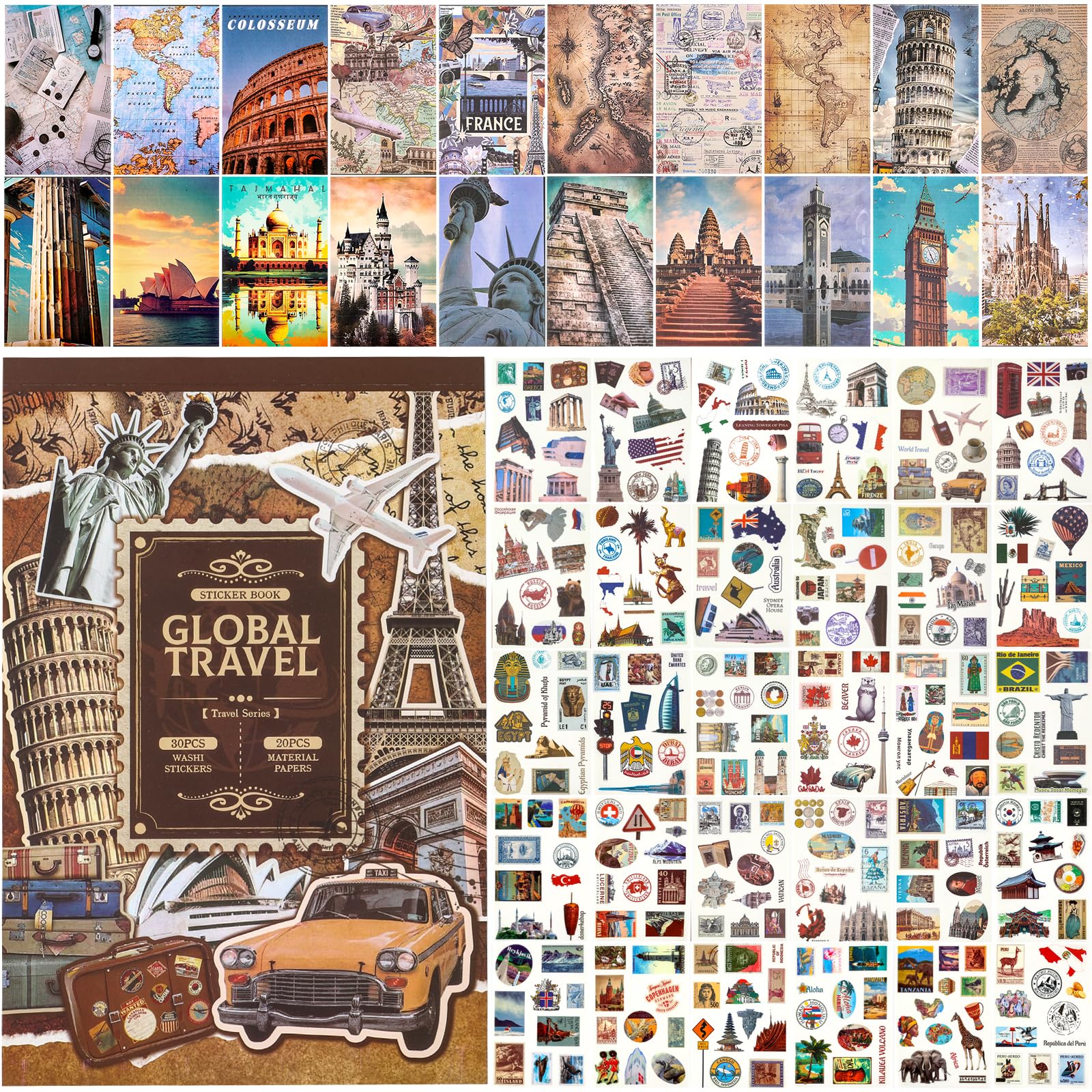 300 Pre-Cut Washi Stickers & 20 Scrapbook Papers Set - DIY Travel Journal Supplies for Scrapbooking, Bullet Journal, Memory Keeping & Planner Decorating