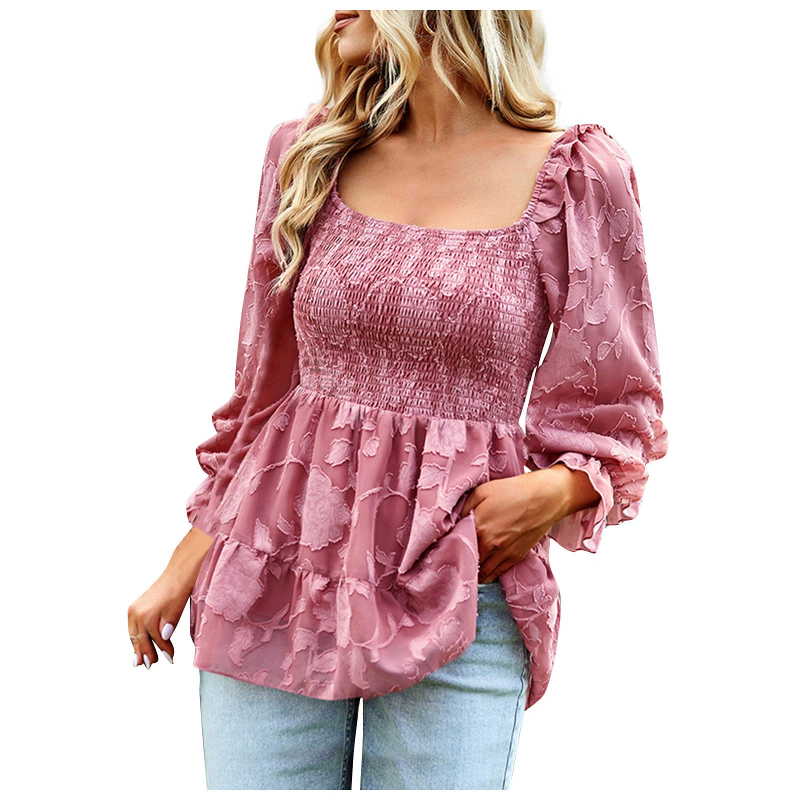 Elegant Women's Long Sleeve Square Neck Blouse - Solid Color Dressy Tops for Fall & Spring | Casual Office Wear, Date Night Outfit, Fishing & Outdoor Activities (Pink)