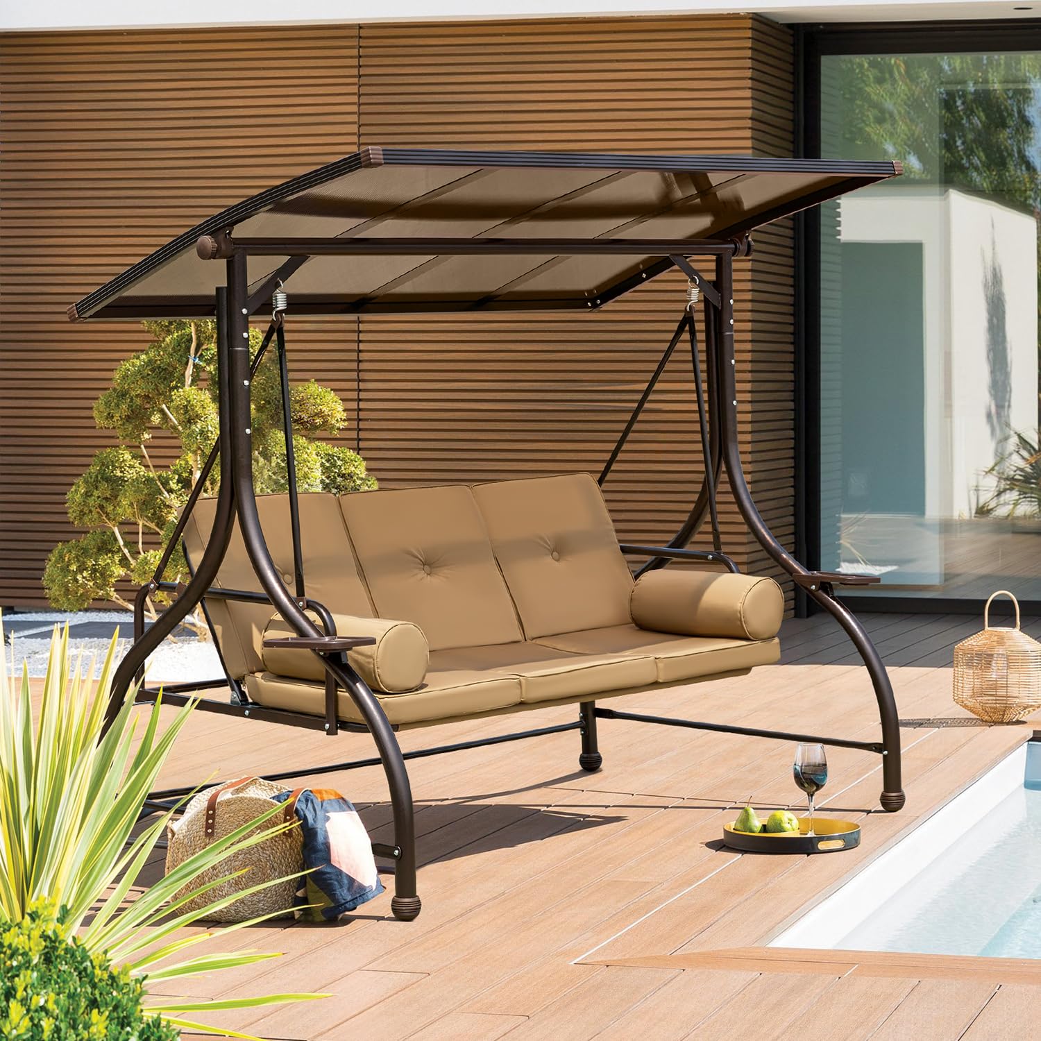 YOLENY 3-Person Outdoor Patio Swing with Hardtop & Cup Holders - Convertible Porch Swing Bench with Cushion & Pillows - Perfect for Front Porch, Garden, Lawn or Backyard Relaxation