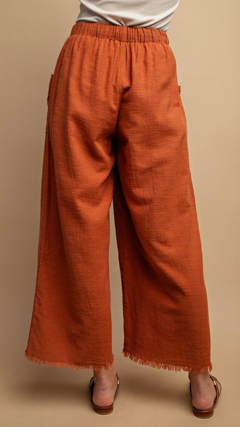 Willa Frayed Bottom Wide Leg Pants for Women - High Waisted Casual Lounge Pants in Clay Color - Perfect for Work, Travel and Everyday Wear
