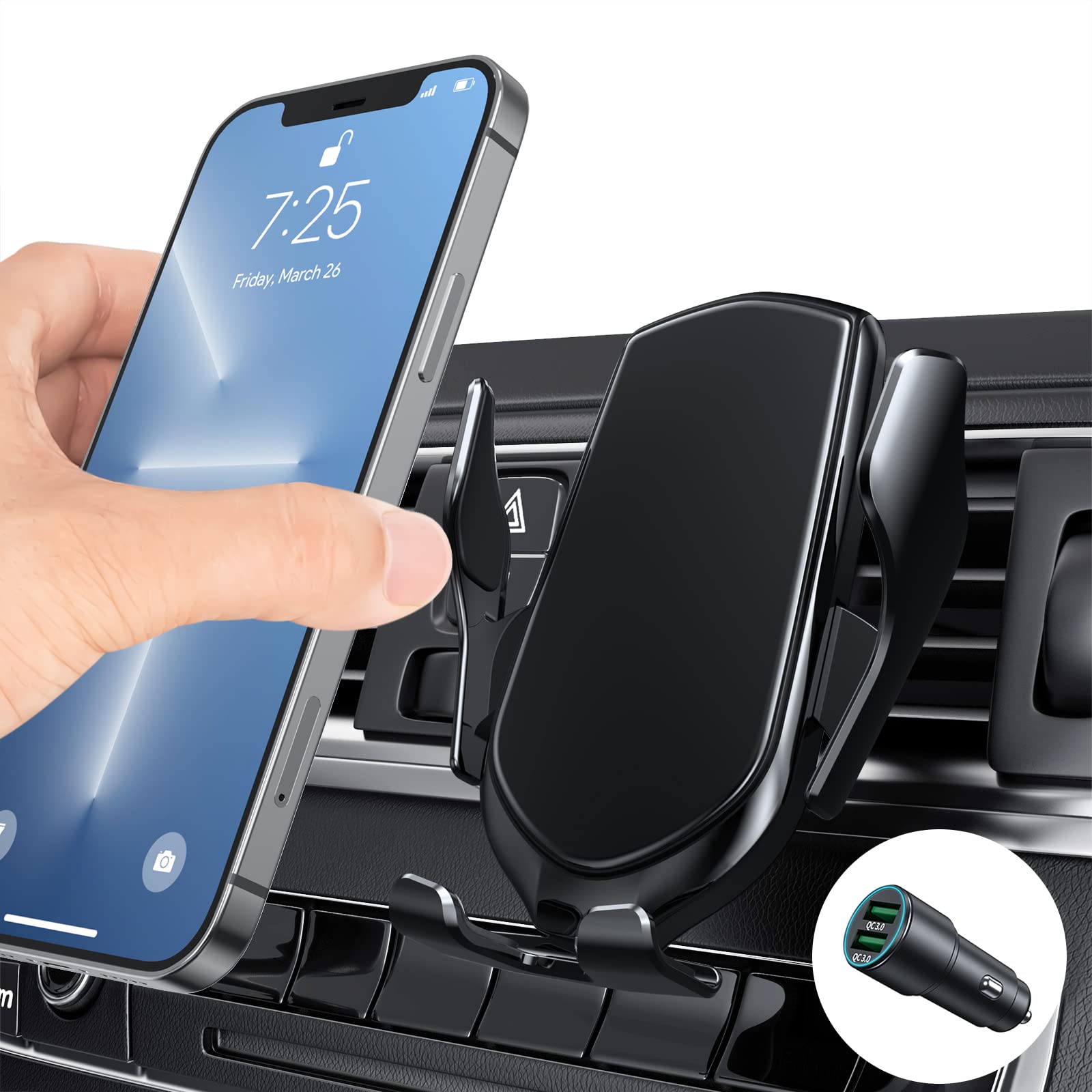 15W Fast Wireless Car Charger Mount - Auto Clamping Air Vent Phone Holder for iPhone 13/12/11/XS/XR/X/8 & Samsung S21/S20/S10/Note10/Note9 - Includes QC 3.0 Car Charger - Perfect for Road Trips & Commuting
