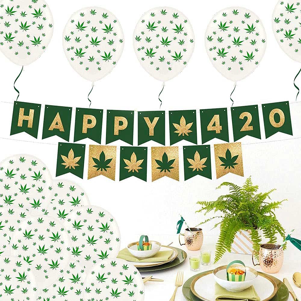 Premium 11in White Marijuana Balloons with All-Over Green Leaf Print - 100 Pack for Stoner Parties, 420 Celebrations & Cannabis-Themed Events